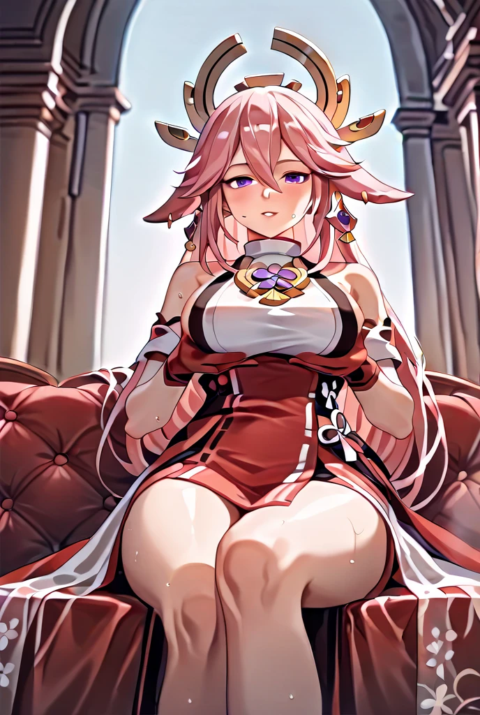 ((Highly detailed, High Quality, Masterpiece, beautiful, solo, 1girl, ExtraFacesRanni, upper body, yae miko, pink eyes, long hair, pink hair, animal ears,)), sexy pose, (NSFW), anime, anime screencap, gigantic breasts, huge breasts, woman wearing full bodystocking, necromancer, raven, MILF, (very large breast), milf, (mature female), gloves, earrings, navel focus, capes, Elegant body, curvaceous but thin, the woman have beautiful detailed eyes, detailed textures, otherworldly ruins, fantasy, RPG, Dark atmosphere, extreme shading, masterpiece, best quality, milf, mature female, milfication, The armor covers her breasts and abdomen, ultra mega hyper ultra mega hyper ultra mega super big and beastly huge breasts.
