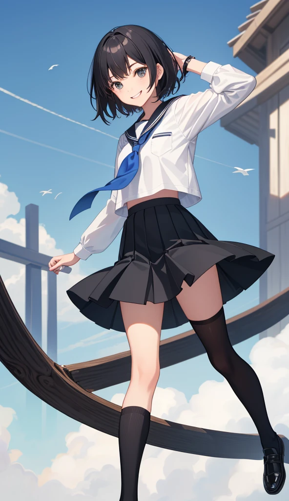 1 girl, smile, shirt, skirt, (small) chiralism, Japan high school school uniform, seravuk, summer clothes, squall-wet uniform, sheer bra, (portrait from knee up),