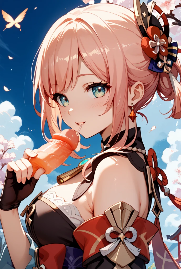 cutesexyrobutts style, 1girl, yoimiya_(genshin_impact), sarashi, solo, tattoo, breasts, japanese_clothes, orange_kimono, food, arm_tattoo, blonde_hair, kimono, chest_tattoo, looking_at_viewer, red_choker, hadanugi_dousa, vision_(genshin_impact), popsicle, hair_ornament, sash, choker, obi, chest_sarashi, sweat, orange_eyes, bangs, shimenawa, hair_between_eyes, parted_lips, melting, cleavage, medium_breasts, holding_food, bandages, upper_body, bare_shoulders, holding, ponytail, rope, single_bare_shoulder, collarbone, jewelry, dripping
