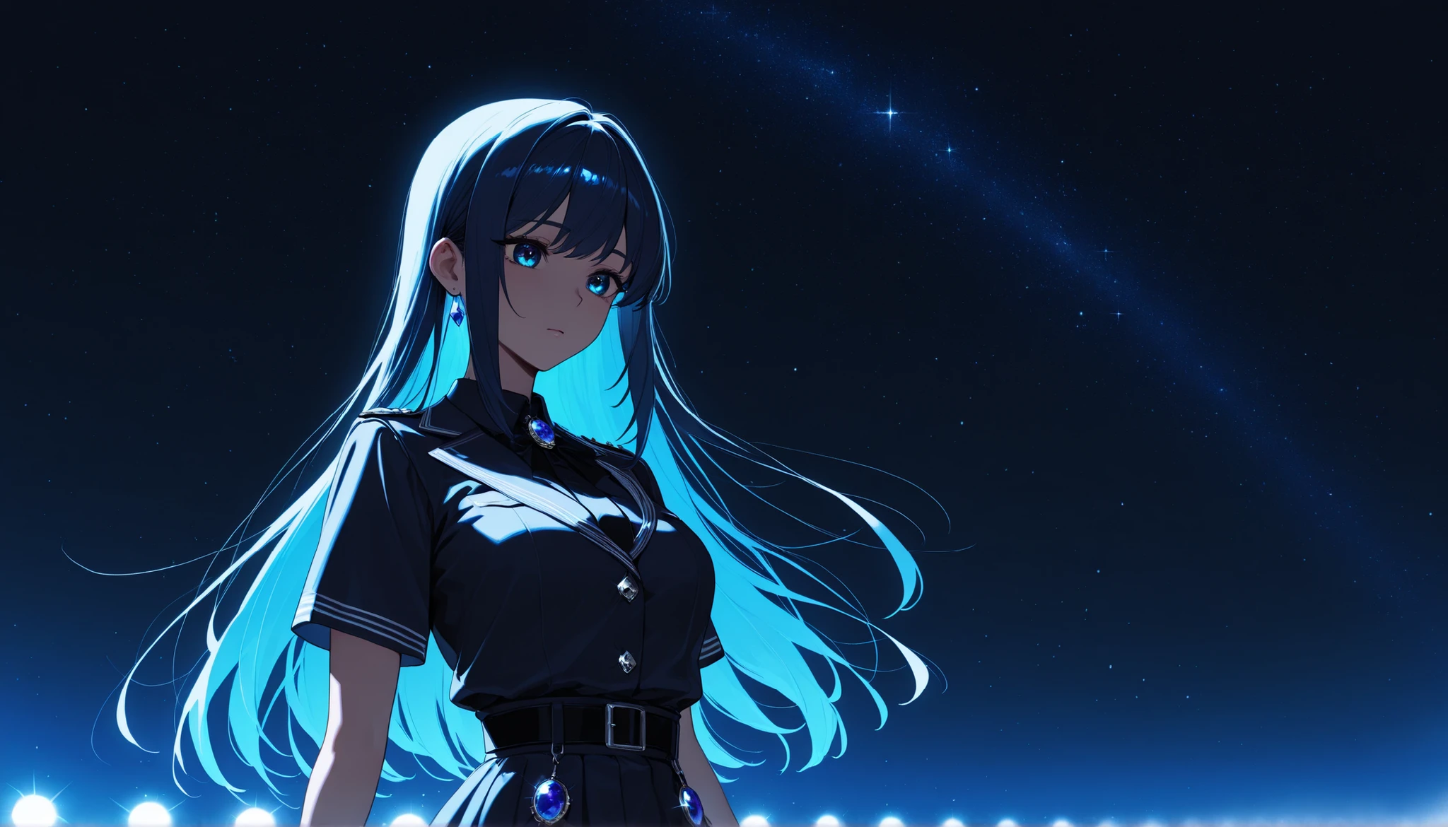 top quality, 8K, 4K, high resolution, high contrast,Japanese idol standing on an outdoor stage, short skirt, I'm wearing a dark blue jewel, You can see the starry sky,1girl, The upper body is visible, An adult woman with a sad expression, navy straight hair, Sparkling Blue Eyes, shines