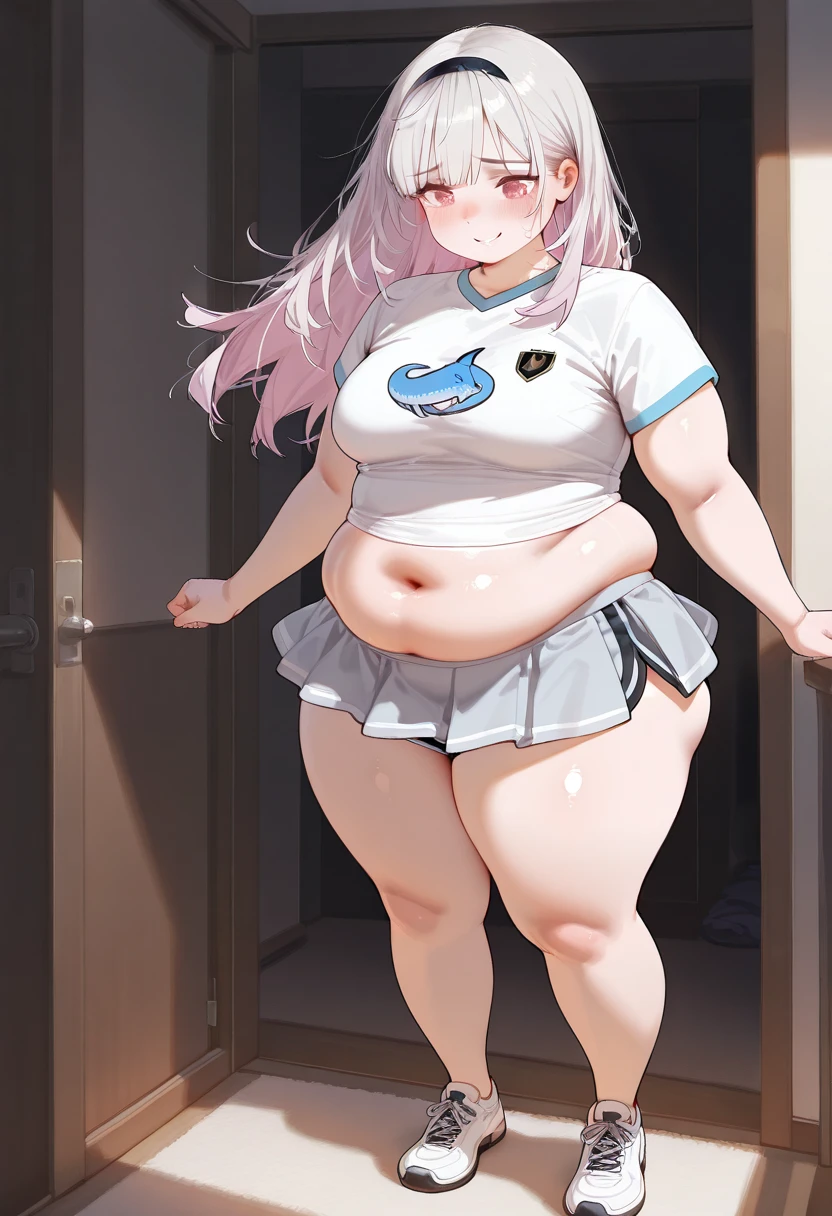 (Full body, glasses), An image of a pregnant girl using a sports bra with thight shorts and white thighhighs that leaves her belly on full display, (underboob)