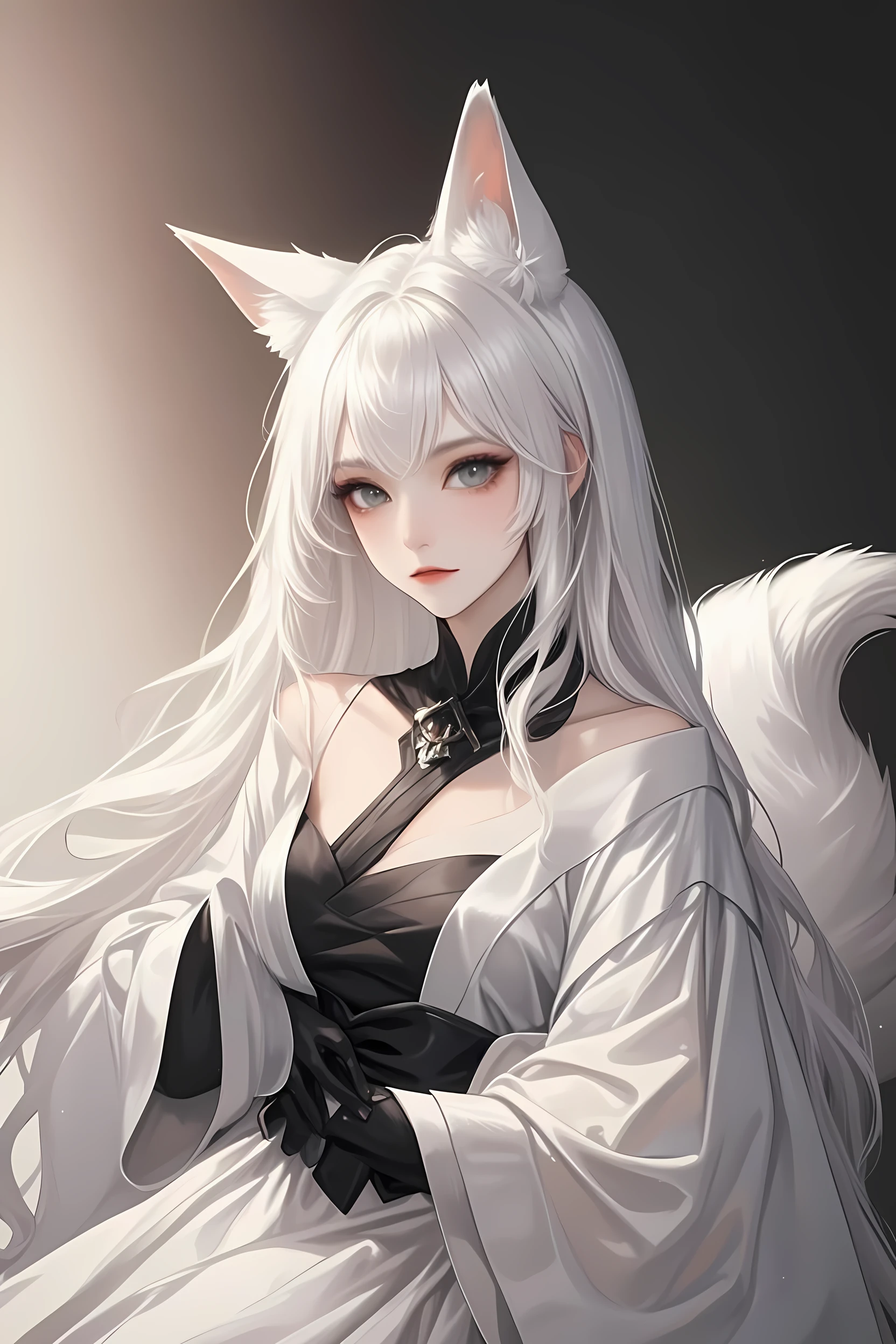 Menina anime com cabelo branco e lobo branco sentado em uma rocha, raposa branca - cabelo, Arte de Silverfox, por Yang J, uma bela raposa senhora, Ahri, Wlop e Sakimichan, fantasia raposa amor, Ruan Jia e Artgerm, Artgerm em ArtStation Pixiv, raposa branca vampiro, Artgerm extremamente detalhado