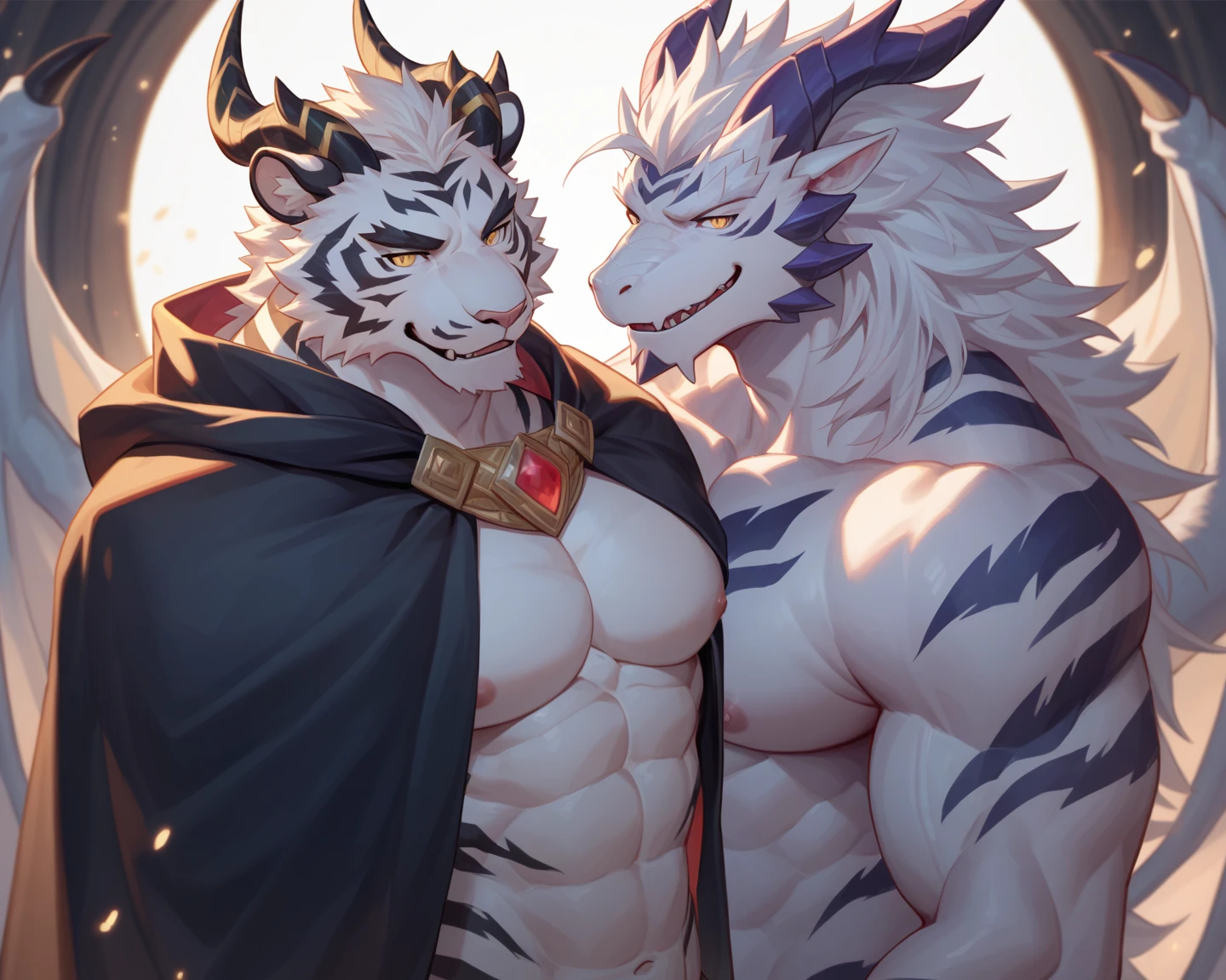 A furry snow leopard, its hands filled with the scent of white frost. The left eye of a snow leopard is red, and the right eye is blue. His face was filled with anger and he had strong chest and abdominal muscles. Coordinate body proportions. His whole body emitted a fiery aura