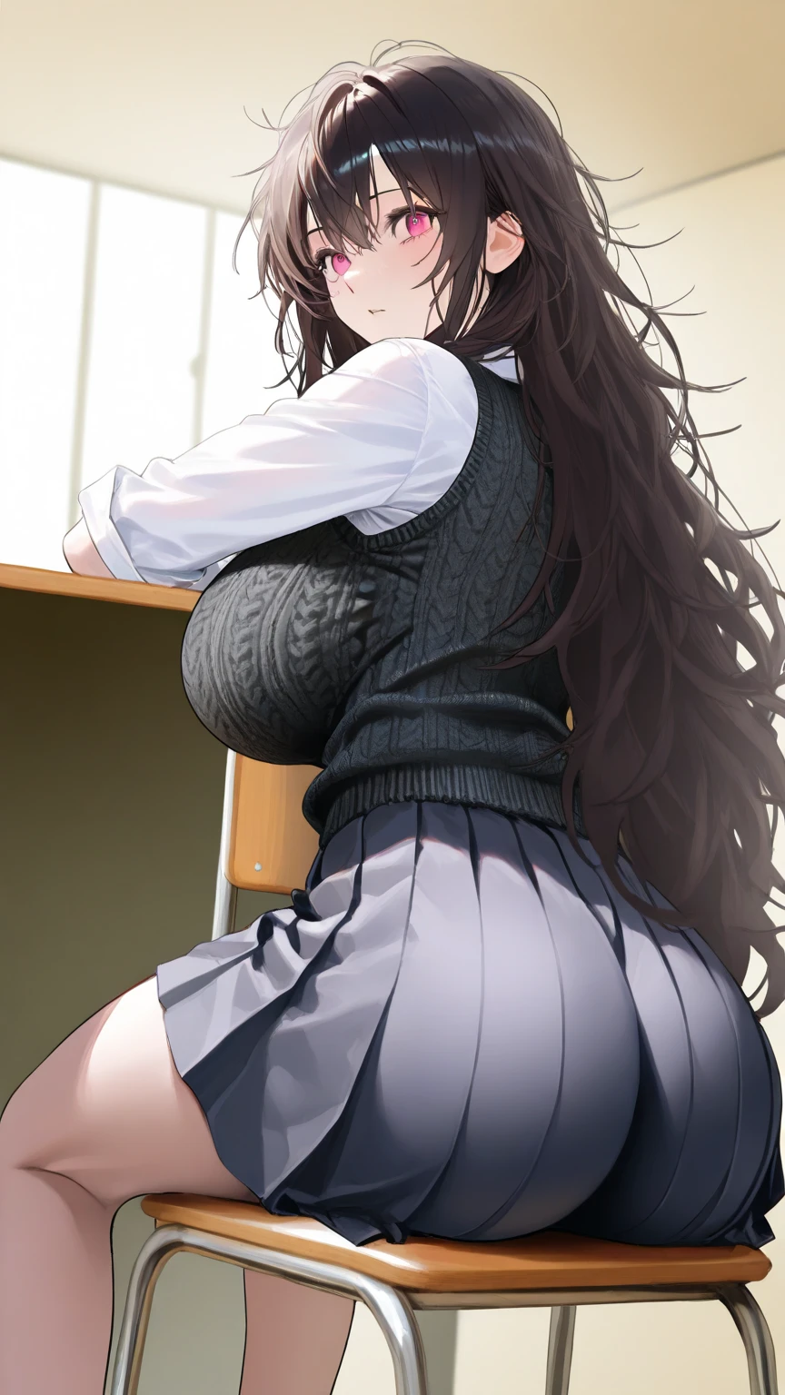 ((Tabletop, highest quality, High resolution, , Pixel perfect, 4K,))), 1 female teacher, single, alone, beauty、The whole body is visible、 ((Mid-wave hair, bangs, Brown Hair)), ((Brown eyes, Beautiful eyelashes, Realistic eyes)), ((Detailed face, Blushing:1.2)), ((Smooth texture:0.75, Realistic texture:0.65, Realistic:1.1, Anime CG Style)), Mid-chest, Dynamic Angle, Perfect body, (( , , Beige off-the-shoulder sweater, 、)), No bra、、Very embarrassing panic smile, 、Leaning forward、classroom、Put your hands on the board、Stick your butt out。Side bust、(Light blue floral lace panties)、Angle from below)、