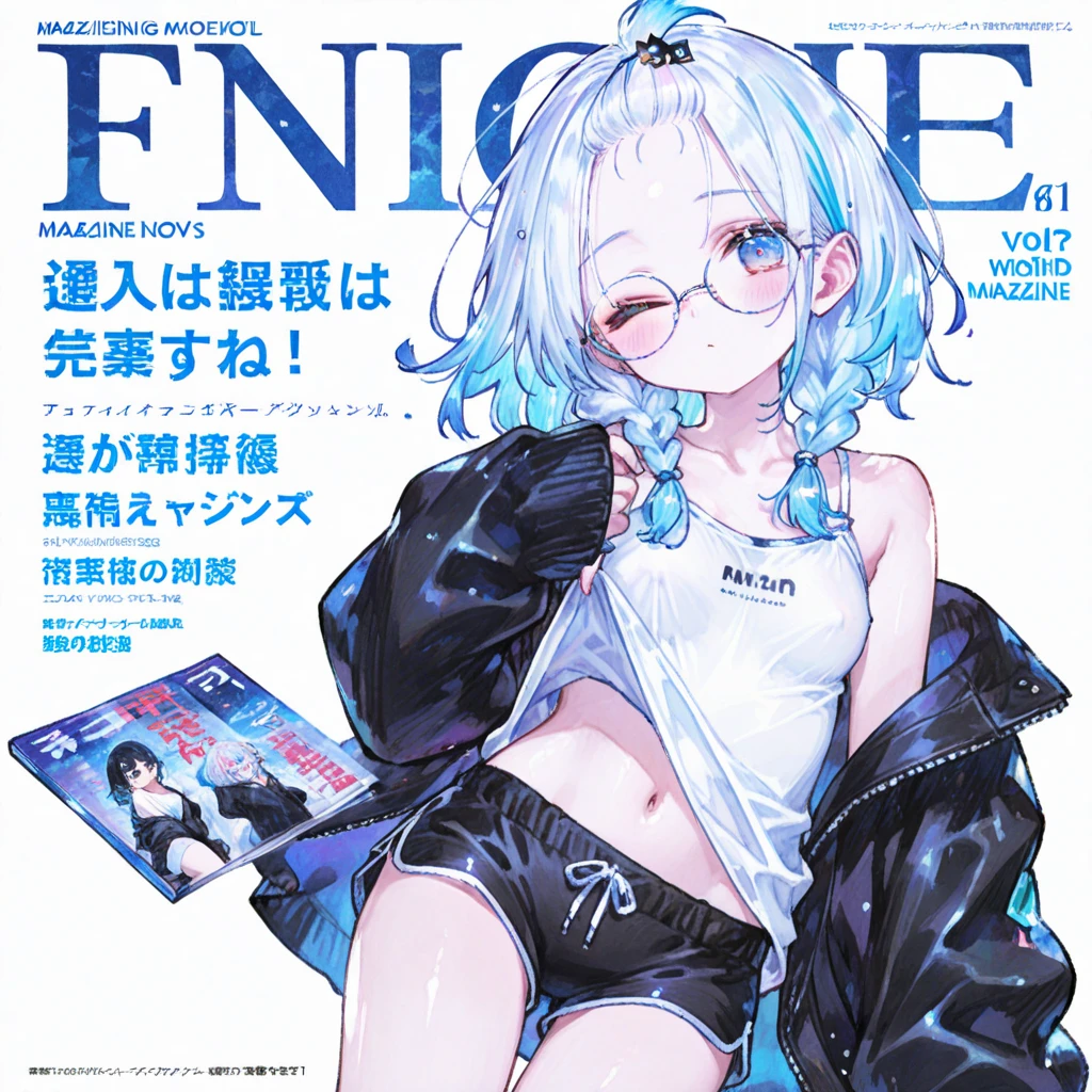 (Best Quality, 16 K, ultra-detailliert, Photorealistic, Beautiful skin, Professional Lighting){{{masutepiece}}}, Best Quality, Full body, Staring,Meltrilith - Fate Grand Order,Black and white cow print bikini, NSFW, Upper body ,delighted expression, Mansuji, 独奏, Long blue hair, Blue eyes,(Woman on the cover of a magazine:1.5),(Engrave a magazine logo), (Magazine Text), (magazine title:1.1),Nipple slip, flat chest, , {{Moe Sleeve}}