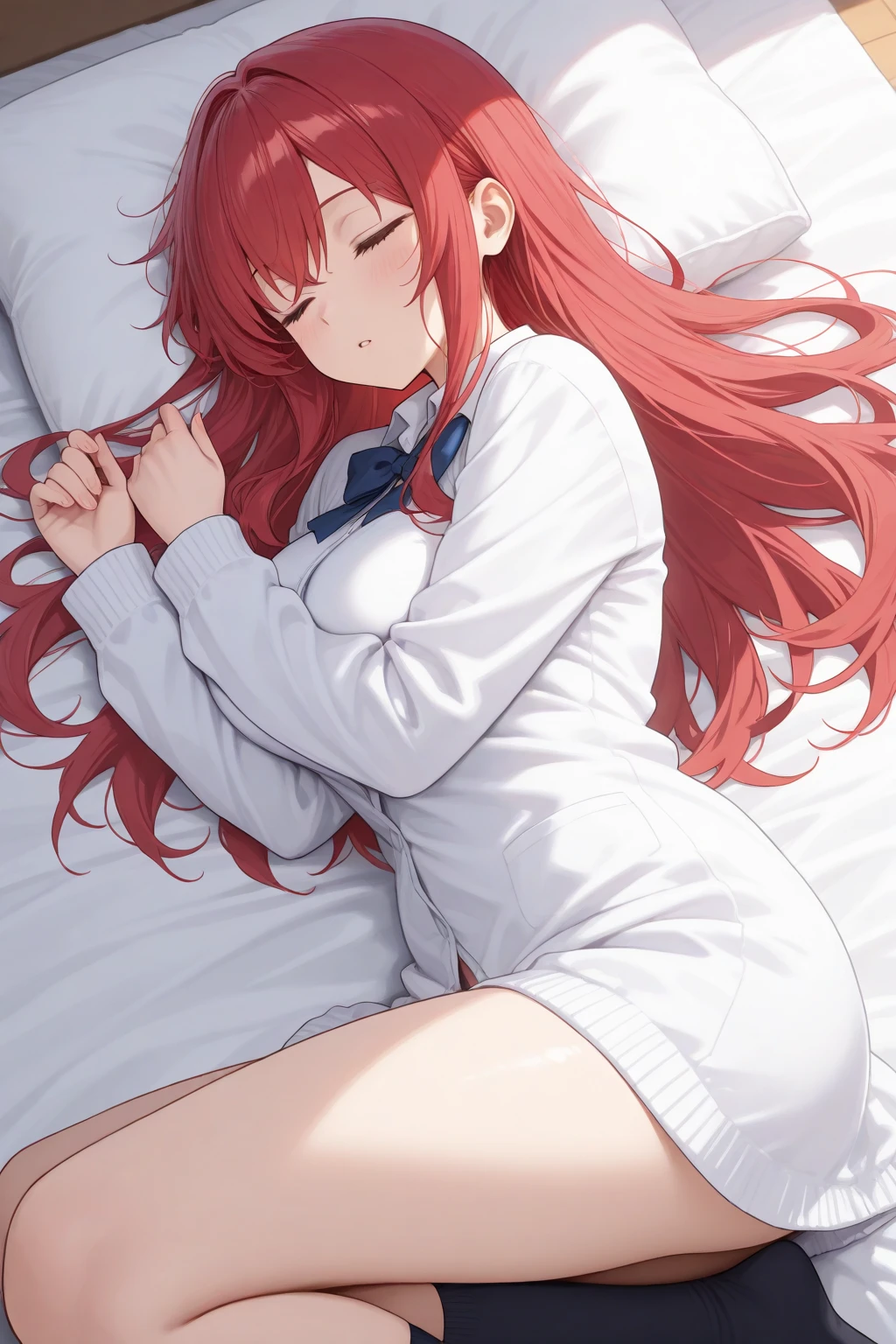 Girl, red flowing hair, blue eyes, wear highschool uniform, lying on the couch, angle up of her, there are black lines under her eyes due to lack of sleep
