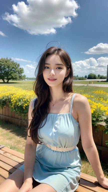 最high quality, In 8K, Masseter region, Vibrant, Sharp focus, high quality, High resolution, Detailed face, fine grain, Thick lips, (Looking at the audience), １By people, Beautiful woman, 38 years old, Japanese women, （Short black hair:1.4）, Cleavage, Lunch break、Large city park、Green Grass、（Standing in the park:1.3）、（Full body photo:1）、（navy blue formal dress:1.5）、（Knee-length dresses:1.5）、（Black pumps:1.5）、（Red lipstick:1）、（smile:1.3）、（standard body type）、（D cup breasts）