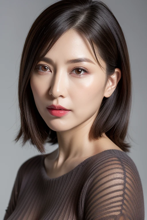 (Very detailed), ((Realistic)), (Better Quality), Very beautiful woman, Bob Hair, Black V-neck sweater, She has sparkling eyes, 8k wallpaper, Distinct facial features, Realistic, Photorealistic, West Shot, (Sexy pose), Attractive figure, (Cleavage)