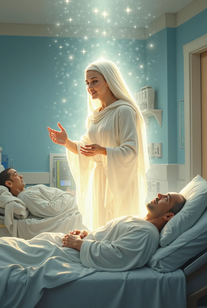 Create an ultra-realistic image of an intense and emotional scene in a hospital room. The scene depicts an elderly male healer, Vô Augusto, with calm and compassionate Germanic features, standing beside a patient who is beginning to rise from their hospital bed. The patient shows signs of miraculous recovery, their expression joyful and filled with life. Next to them, a renowned doctor, initially skeptical, now stands with an expression of awe and gratitude, visibly moved by the healing taking place. The background of the room is serene, with a warm, glowing light emanating from Vô Augusto and Saint Hildegard of Bingen, who is depicted in the background holding medicinal herbs. The room is filled with a sense of peace and renewal, illustrating the powerful moment where faith, represented by Vô Augusto, intersects with modern medicine. The scene conveys a deep sense of healing, divine intervention, and the wonder of a miracle unfolding.