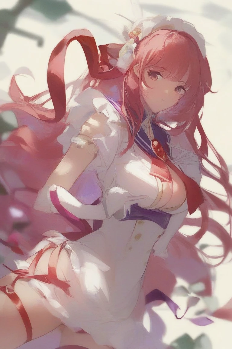 One Girl, (Large: 1.4), Solo, ((Hi-Res)), ((Masterpiece)), ((Best Quality)), ((Very Detailed)), ((Very Detailed)),Long Black and red hair,Delicate makeup and glossy face,Slim and smooth legs a sweet girl,,thick,Big breasts ,hair spreading through out,smiling,colorful background, a dress that is crafted from white silk, which lends a delicate appearance. Due to the nature of the fabric, it offers a degree of transparency, slightly showing the skin beneath. The silhouette of the dress features a thin string or cord that ties around the wearer's neck, serving as the main support for holding the garment in place. In the front, the dress provides minimal coverage, barely concealing the chest area and exposing some side breast. The back, however, remains entirely open, revealing the wearer's back. The bottom half of the dress fully encloses the hips and lower body, maintaining modesty despite the overall revealing design.