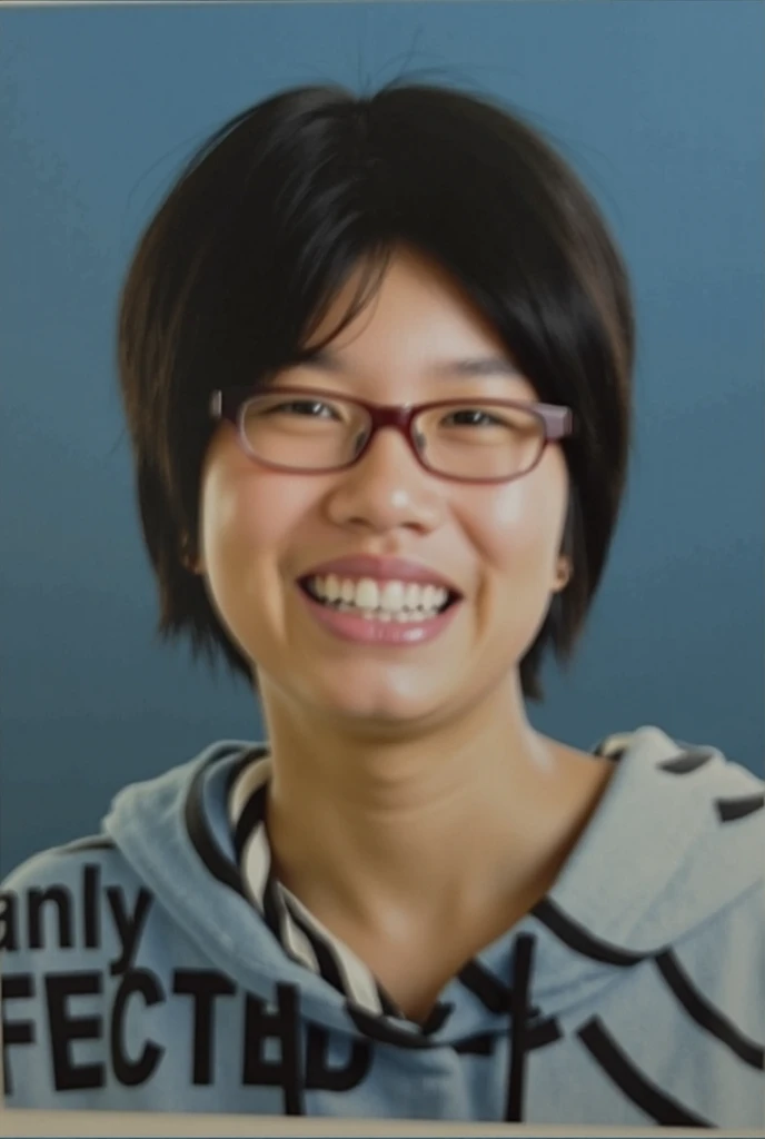 photo of a young girl with a blue shirt, south east asian with round face,  color portrait, young asian girl