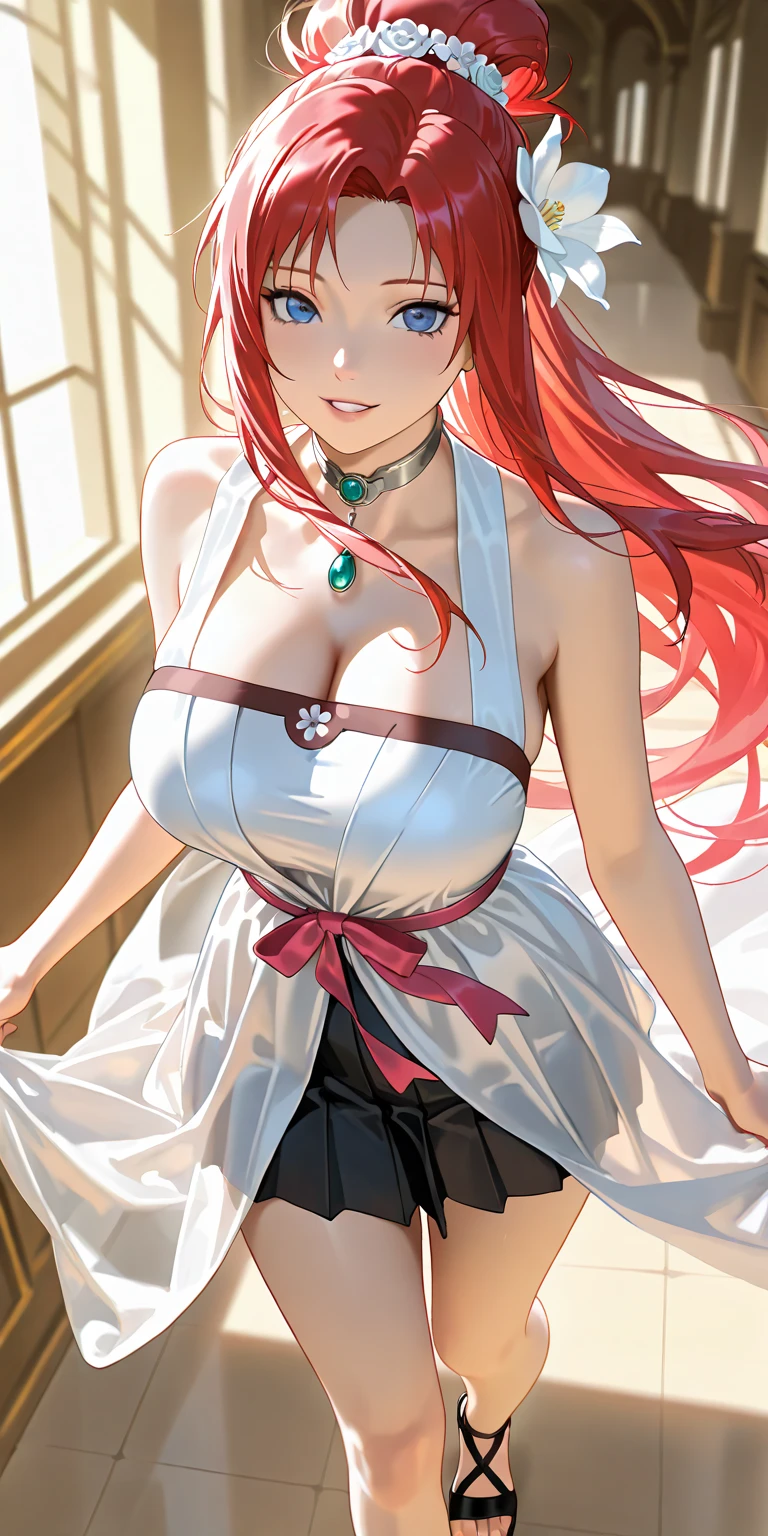 green eyes, (highest quality, masterpiece painting:1.3), (little girl,12 years old:1.0), (half body shot), masterpiece, ultra high resolution, (Photoreal:1.0), pink hair、straight hair, beautiful shining hair, white and shining skin, ((Ultra realistic details)), octane rendering, highly detailed face, (big breasts:0.8),(sexy and cute cheongsam,red and white contrast outfit,delicate decoration:1.2), open neckline, (necklace:1.0),cleavage, perfect body, soft skin, anime face, perfect face, perfect eyes, looking at the viewer, smart, Under autumn leaves tree background, Autumn leaf petals are falling, outdoors,shrine, sharp focus, intricate details, professional artwork, (bright colors:1.1), bright colors, diffused lighting, digital blending, ultra-definition body, ultra detail hair, super detailed face, that'It's trending on pixiv, top button open, Cute gaze, compensate, perfect lips, perfect compensate, Ultra-precision coating, (light_smile:0.8), (Very embarrassed:1.2), blush your nose,