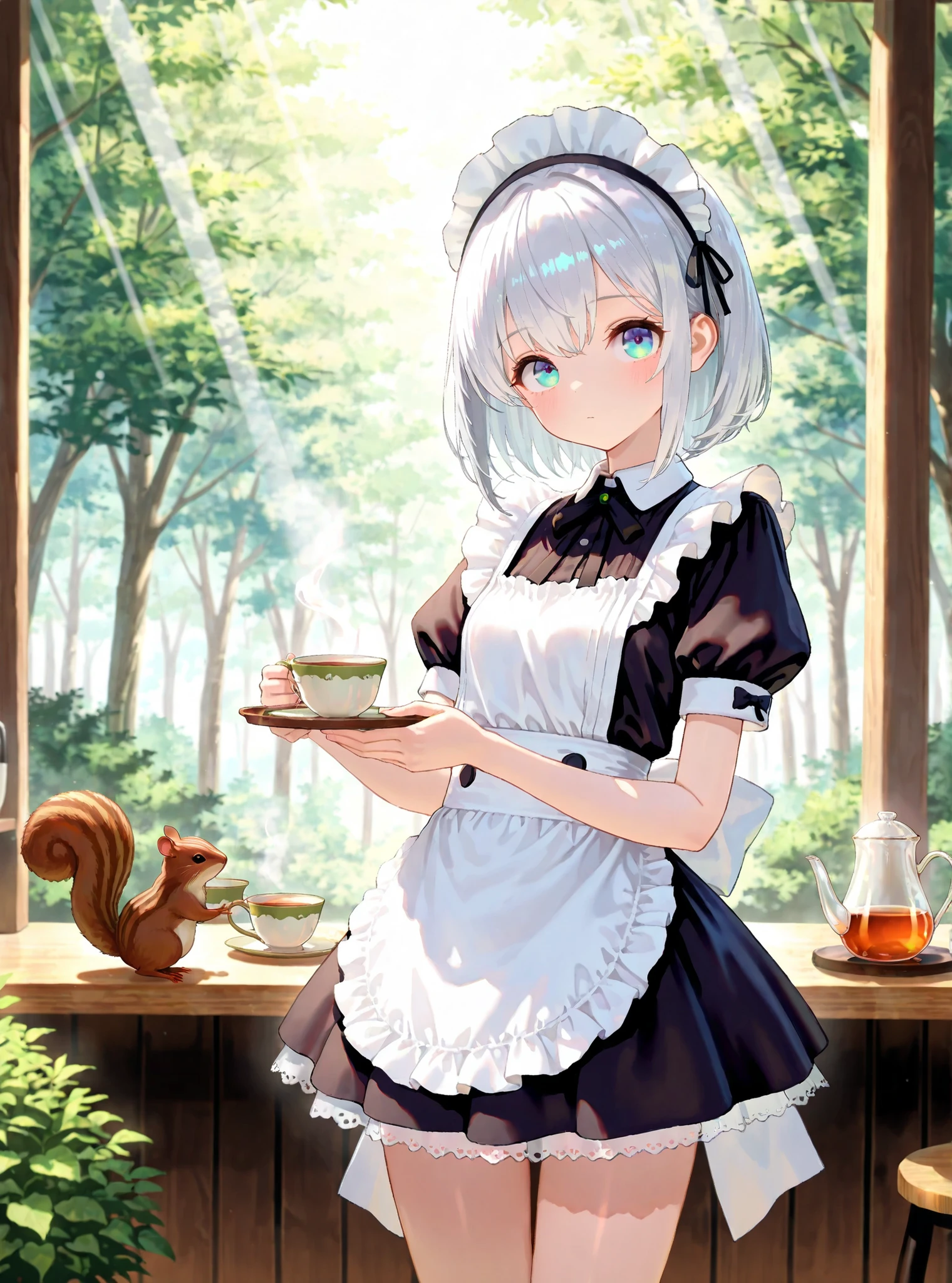 master piece,best quality,ultra detailed,ultra hires,32k,beautiful detailed face,beautiful detailed eyes,tea,looking at viewer,long silver hair,background is forest cafe, cafe clerk,pretty short sleeve maid costume,thin thighs,miniskirt, squirrel, sun rays