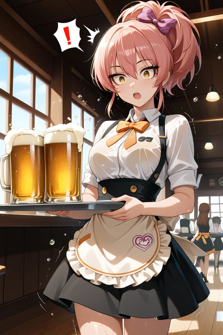 {{{{{masterpiece,Best Quality,ultra-detail}}}}},happy laugh,1 beautiful woman,cute face,beautiful pink ponytail hairstyle,cute eyes,pixiv,light novel,beautiful Dirndl,Holding a mug of bubbly beer and a tray of food,beautiful restaulant background,