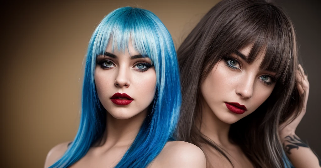2 girls, one blonde and the other black hair with blue, they kiss, expressing your love