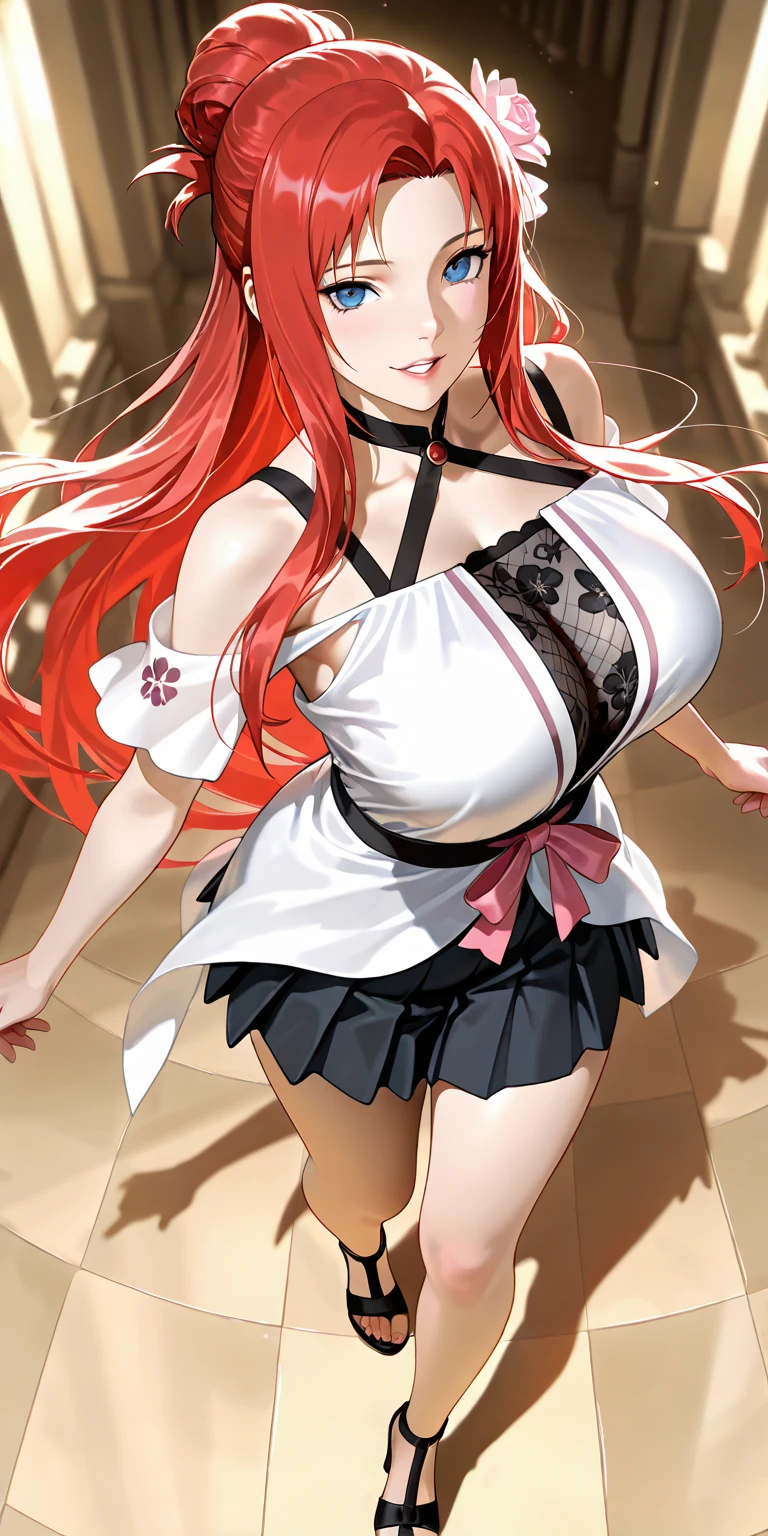 1girl in, 独奏, Nakano Nino, Pink hair, butterfly hair ornament, (barechested:1.3), (White Apron),, cleavage of the breast, thighs thighs thighs thighs, Cafe Background, (red blush:1.3), Opening legs
