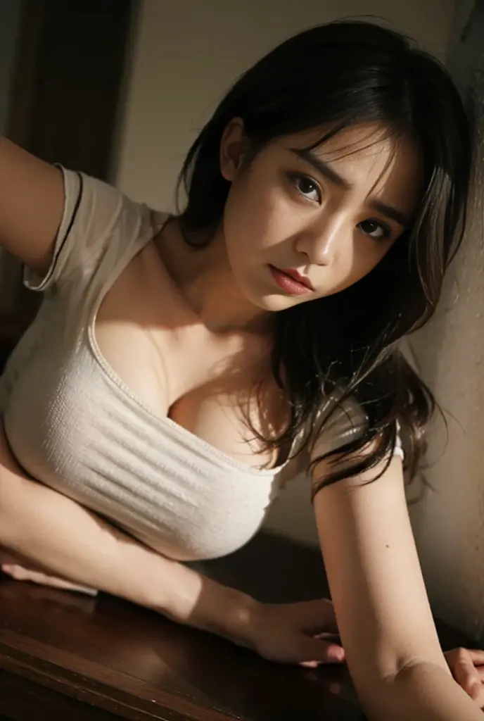 (masutepiece:1.2), Realistic, photo of 18 y.Girl in loose shirt (Unbuttoned shirt), half , Best Quality, Small medium breasts, Bare shoulders, cleavage, NSFW, [[Hands hidden behind the back]], earrings, Complete shirt, Solo, [SFW],