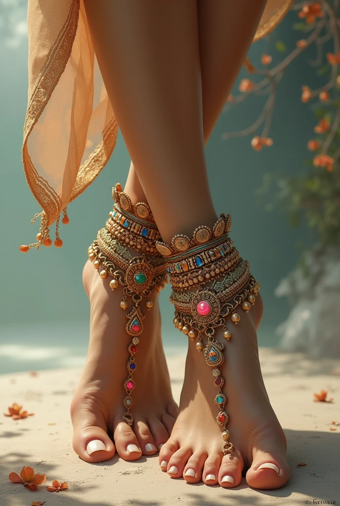 A feet with ghungroos and indian musical instruments around it
