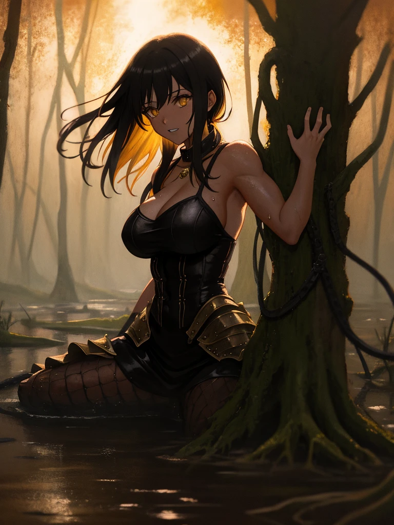 Isekai Fantasy、Isekai Jungle、Sea of Trees in Another World、Rainforest Jungle、amazon's jungle、Southeast Asian Jungles、Overgrown with mangroves、forest spirit、Tree Spirit、Wooden Monster、Beast-type monsters、sludge、mud、puddles、dark  forest、Jungle without light、A female heroine reincarnated in another world、Female heroines of Japan anime、Trees with viscous substances precipitated々、vine、Vine hanging from a tree branch overhead、Female heroine in a priestess costume、Female heroine is a saint、Around the saint、The holy aura shines、night situation,