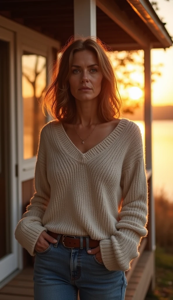 Realistic photo of blonde girl in clothes with a thin waist, soft light, natural colors, high detail, waist main object