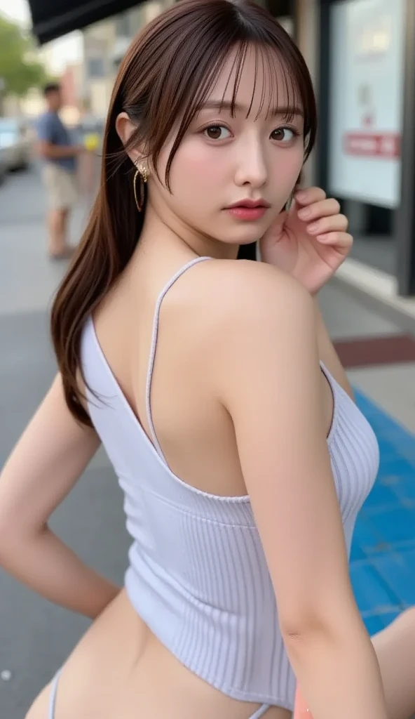 8K quality、High definition、Light Particles 0.5、Natural skin texture、High definitionの瞳、Bitchy girl with up ponytail、slender、Small breasts、Realistic female genitalia、Small areola、Pink nipples、Thin, saggy breasts、Wet body、Open mouth and panting、Mini dress、Open your legs and show your genitals、Naked lower body、Grabbing the hem of her pants to show her crotch