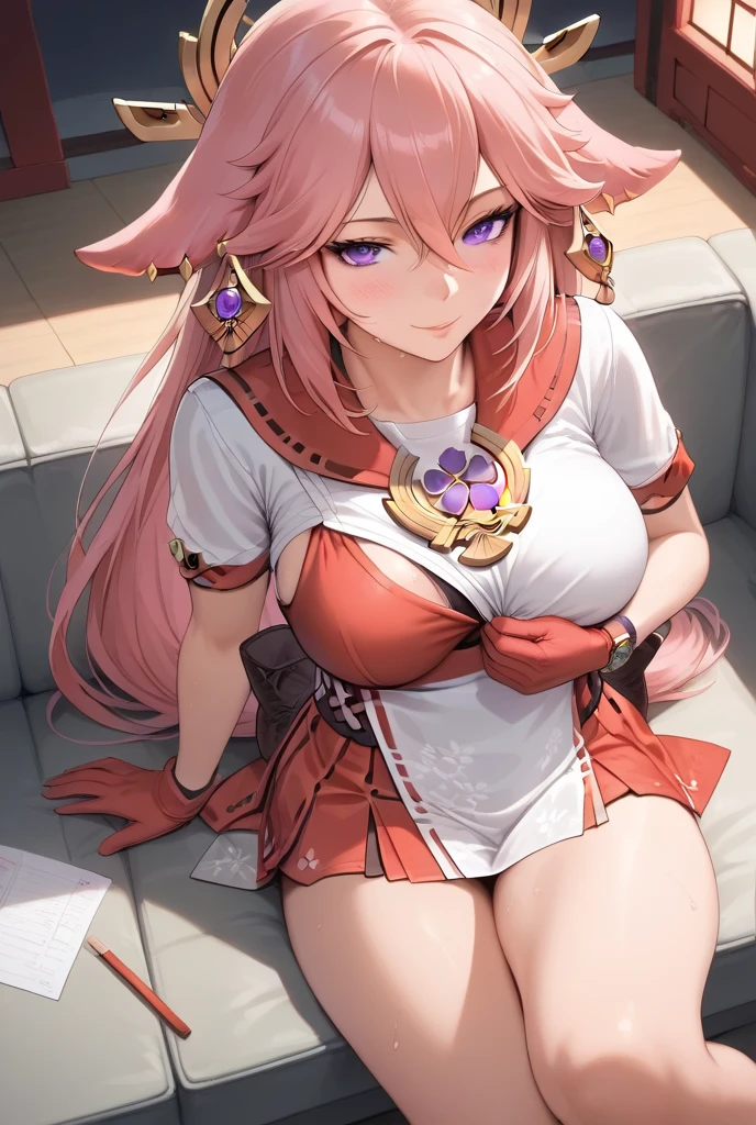 illustration of a beautiful 25yo woman and one boy,
pov, from above, straight-on, perspective,
, deep penetration,
girl is sitting on top of desk, leaning back,
m legs, knees up, legs folded, feet on desk border,
arms at sides, hands on desk,
looking at viewer,
boy is standing in front of girl, ,
, sagging , 
skinny,
boy has girthy , large insertion,
pink hair, hair between eyes, side bangs, long hair,
nontraditional miko, backless sleeveless white shirt, wide detached sleeves, sideboob,
short red skirt, skirt lift, no panties, visible ,
 legs, barefoot, tiptoes, toenails, 
golden headpiece ornament on head, fox ears, gold and purple earrings,
blush,  face,
purple eyes,
 flud on , wet ,  dripping from ,
inside library, bookshelf, desk,
girl is yae miko,
score_9,score_8_up,score_7_up,