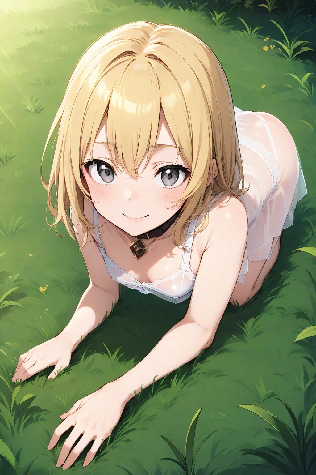 1 girl, sdsElaine, by rubio, yellow eyes, mini skirt, white panties , small breasts, ashamed, shy, White socks, black pupil, blush, SMILE