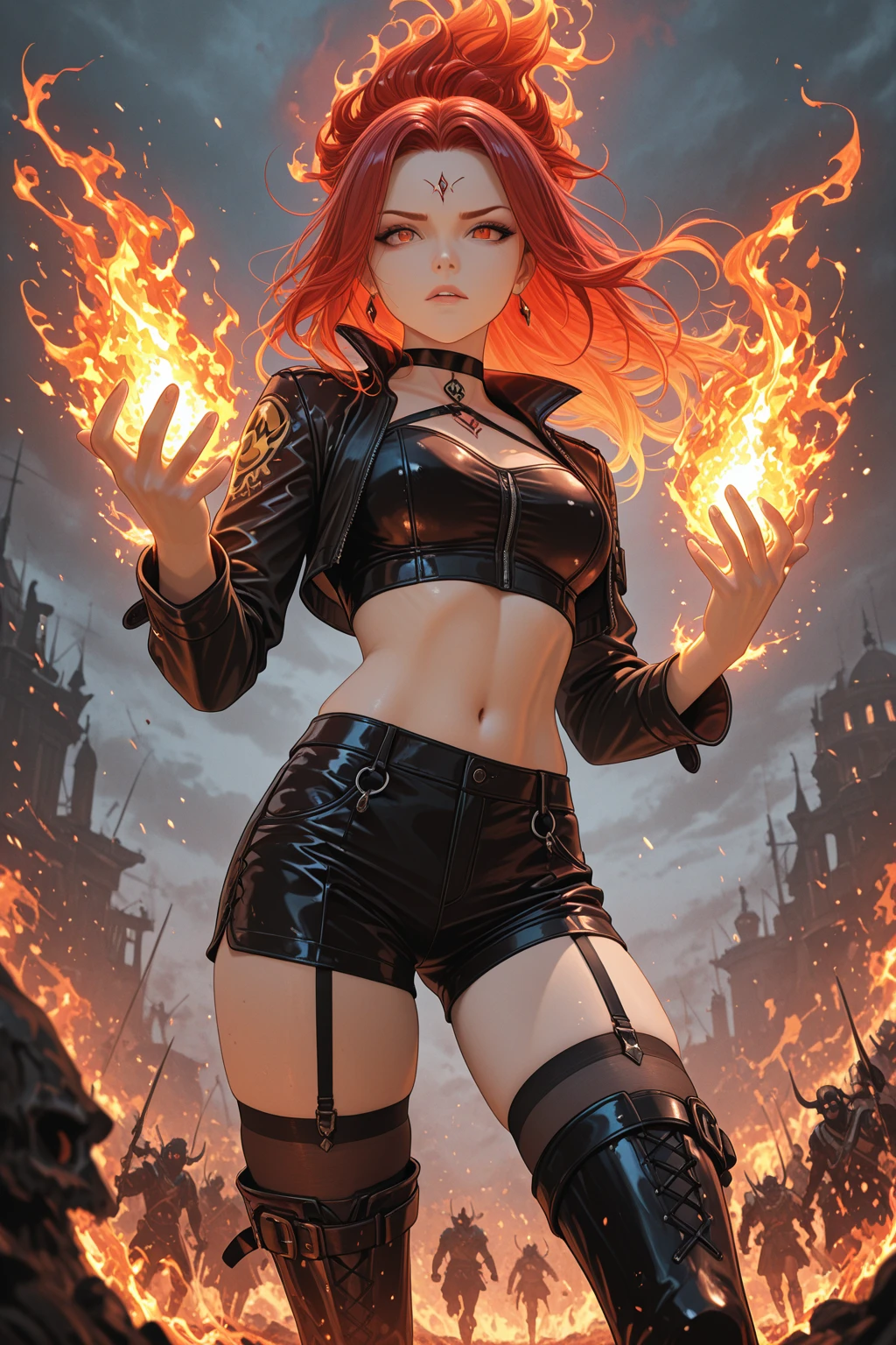 ((Highly detailed 1.3) A wicked woman, malignant, with flaming red hair, Scorpion, Agape Mouth, Fierce desire for blood. A young woman with fierce eyes, sign of Scorpio, T-shirt and panties.