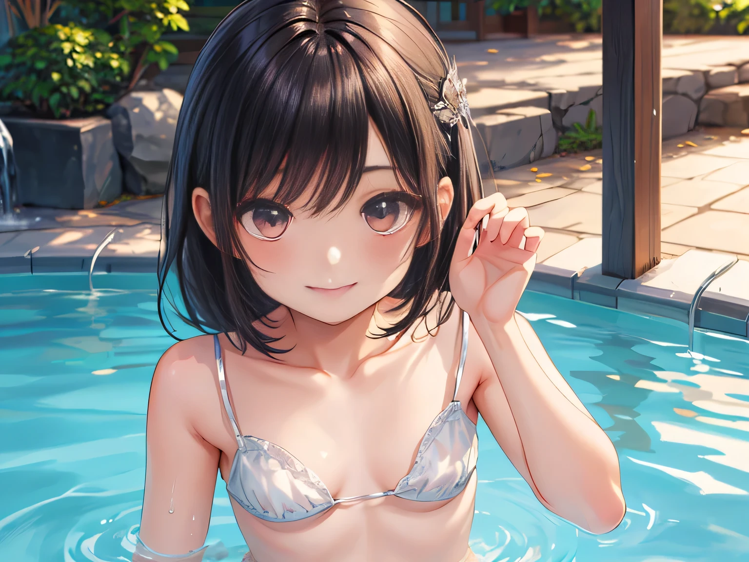 And soul、Stickers、1 beautiful girl、a bit、(((Baby Face、Baby Face、Baby Face、Ultra close-up photo of super flat chest、Mainly depicts super flat chest、M-shaped feet、A compassionate smile、Ultra-flat breasts)))、blush、Sleep on your back、short hair、White bra、Ultra-flat breastsの乳首