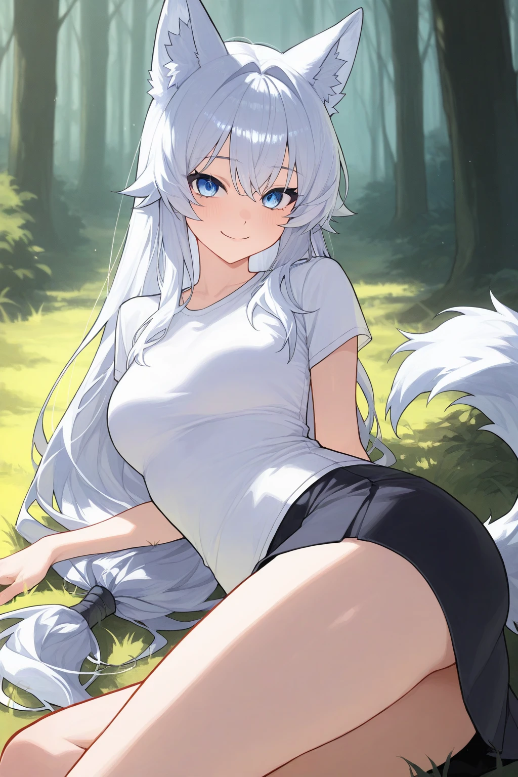 White-haired loli in tight socks, Hole cuffs, Tights, the sideview, Sexy look, see - through, clear curvy details, tight attire, Slender legs loom，White body，Hair is shiny，Delicate and shiny skin，Slender body，White T-shirt，Upturned buttocks，Plump breasts，The body was wet with water，A coquettish expression，Poor milk，The lower abdomen is firm，fox ear