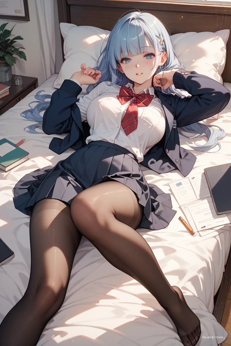 finest, masterpiece, High resolution, (Full body view from head to toe), Composition from the front and slightly below, symmetrical composition, Composition with accurate balance throughout the body、18 years old, slim and beautiful girl, alone, (small breasts), (not wearing shoes),messy hair, bangs, (black tights), (black pantyhose), (sitting on the floor with legs apart), (A pose in which the legs are spread apart on the bed), tied up with both arms hidden behind the back, (Composition showing white panties), (her legs spread、I can see white panties.), (Open mouth with a pained expression), blush, shy big eyes, looking at camera, blazer uniform, plaid pleated skirt