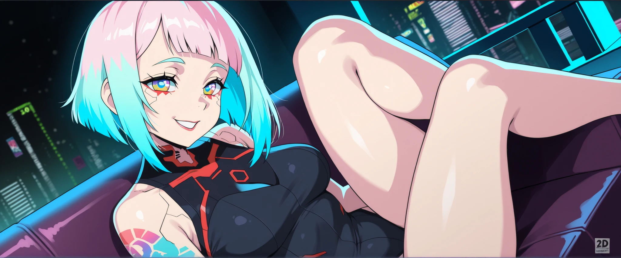 ((masterpiece, best quality)),1girl,small breasts,solo,, seductive, nude, from below, close up, pussy, looking at viewer,cyberpunk, , <lora:lucy_offset:1> lucy \(cyberpunk\), city,night,looking down, red eyeliner
