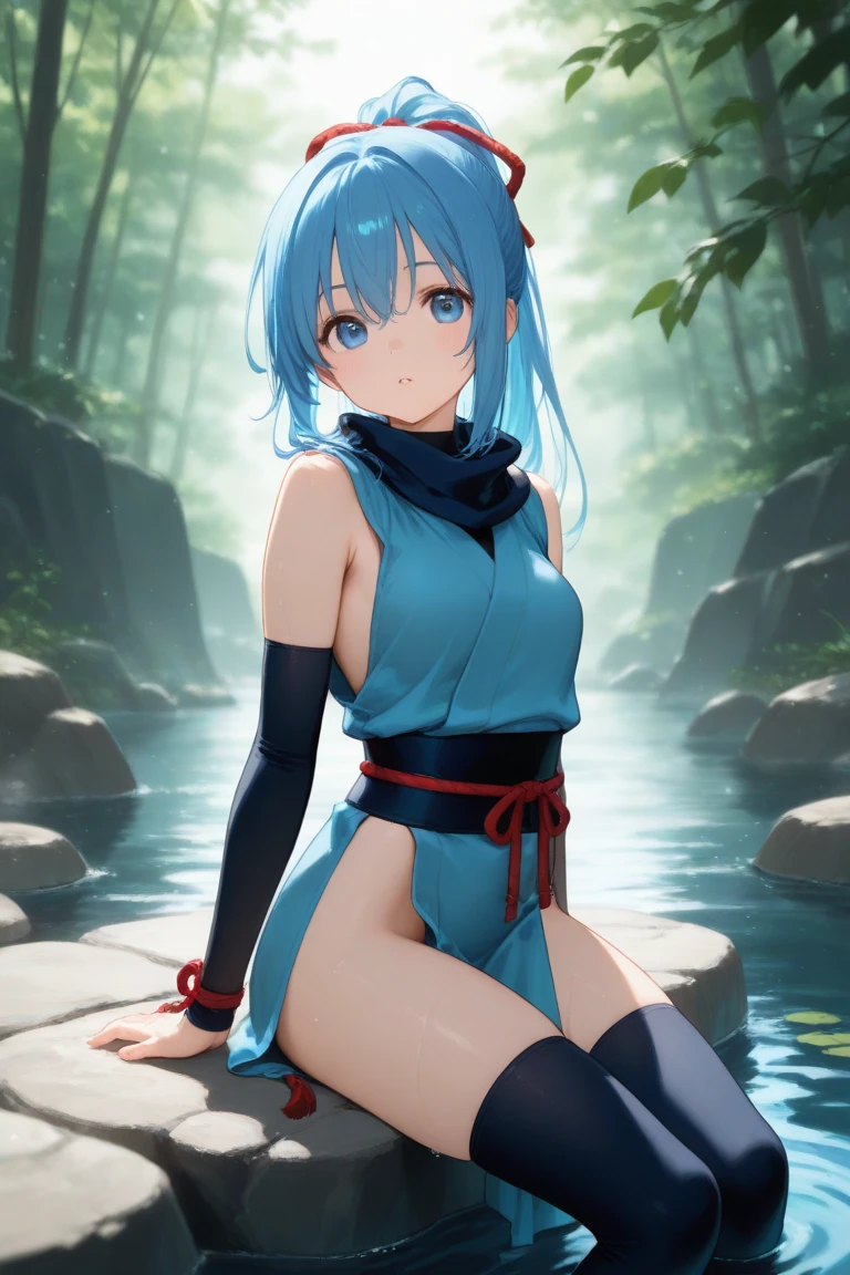 1girl, (solo), short ponytail hair, light blue hair, flat chest, small size, blue eyes, fair skin, full nude, full body, lot of cum on sex, legs spread, happy face, (night), moon, frozen lake, forest behind, (very sexy body, detailed face, masterpiece, highly detailed, 8k, best quality, vibrant colors, digital art, concept art)
