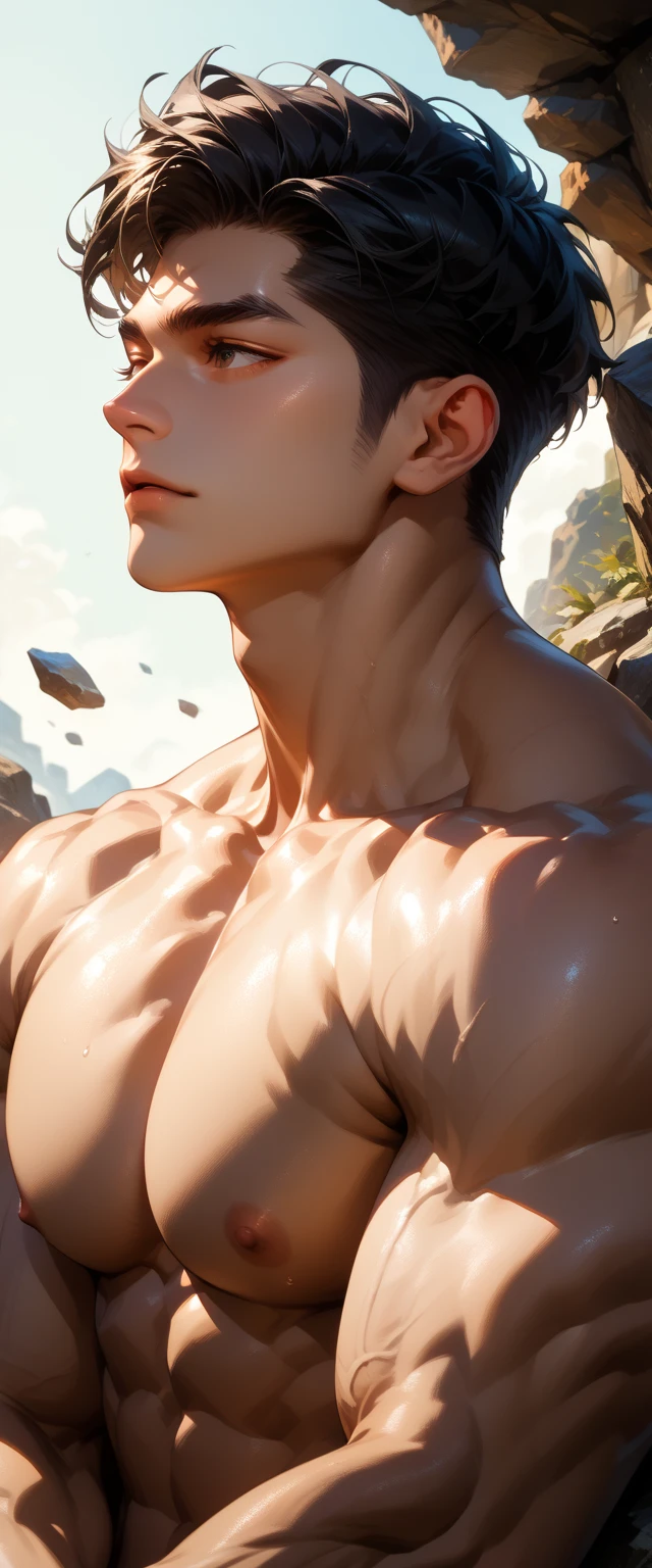 (Score _9, Score _8_climb), Score _7_climb,  Adult male, black hair ,  gray, text-highlighting , 1 boy, black eyes, Emotionless , climbper body, male Point of Interest, Point of Interest,  chest , Out-of-frame , Reality , sexy young man ,  rock style  , Chin lift,  strong and large body ,  ischemic arm , muscle lump, (man male  (muscles, Big arms, big  chest , big pec,  big bicep muscle , fine muscle )