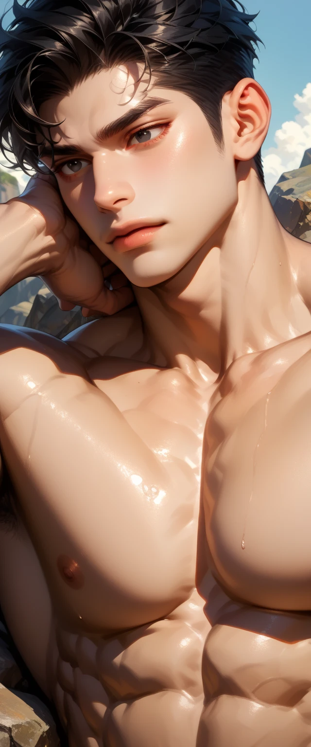 (Score _9, Score _8_climb), Score _7_climb,  Adult male, black hair ,  gray, text-highlighting , 1 boy, black eyes, Emotionless , climbper body, male Point of Interest, Point of Interest,  chest , Out-of-frame , Reality , sexy young man ,  rock style  , Chin lift,  strong and large body ,  ischemic arm , muscle lump, (man male  (muscles, Big arms, big  chest , big pec,  big bicep muscle , fine muscle )