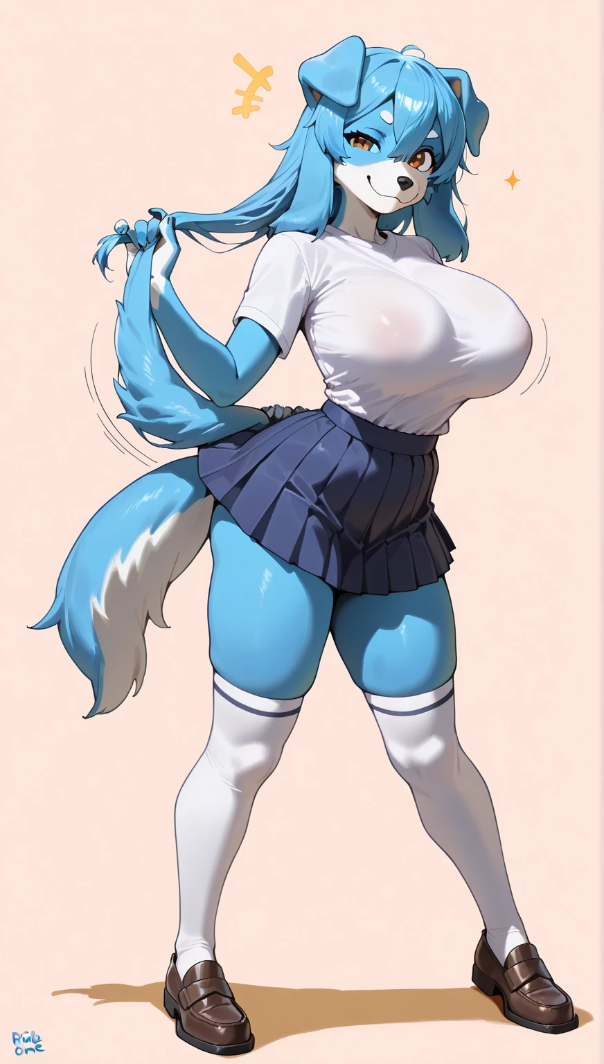 One girl, blue hair, blue eyes, ponytail, fox ears, fox tails, nude, medium breasts, full body, pussy, hair clip, Smile, classroom