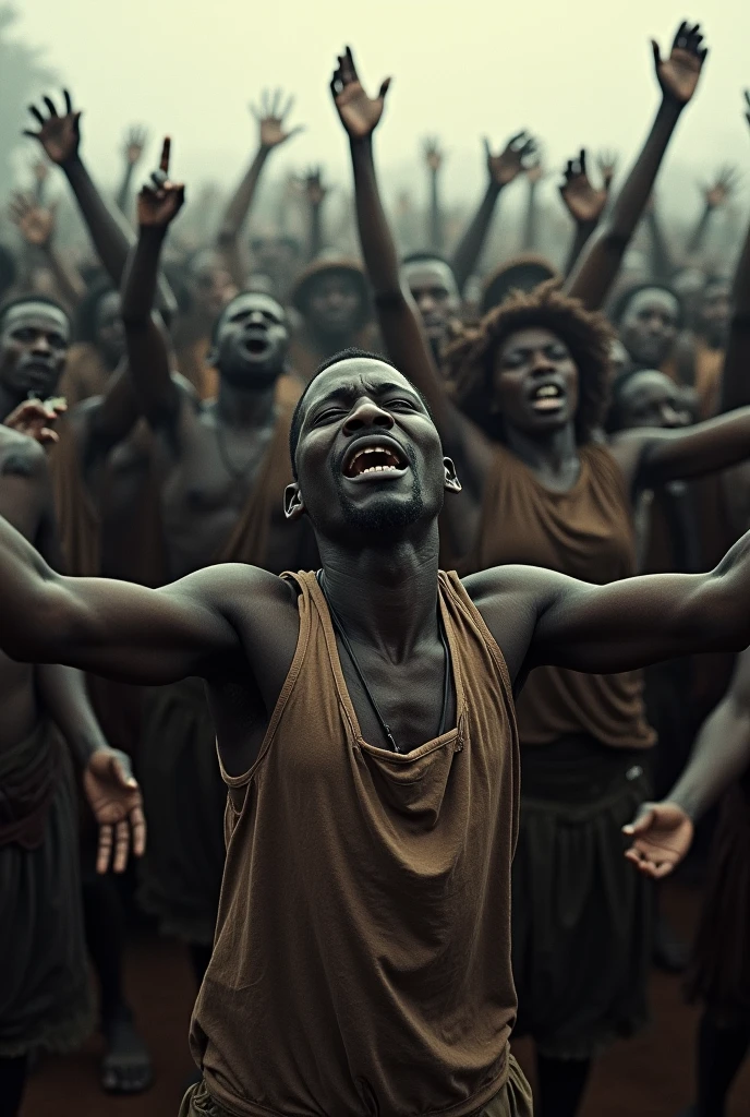 Scenes of several slaves raising their hands in protest
