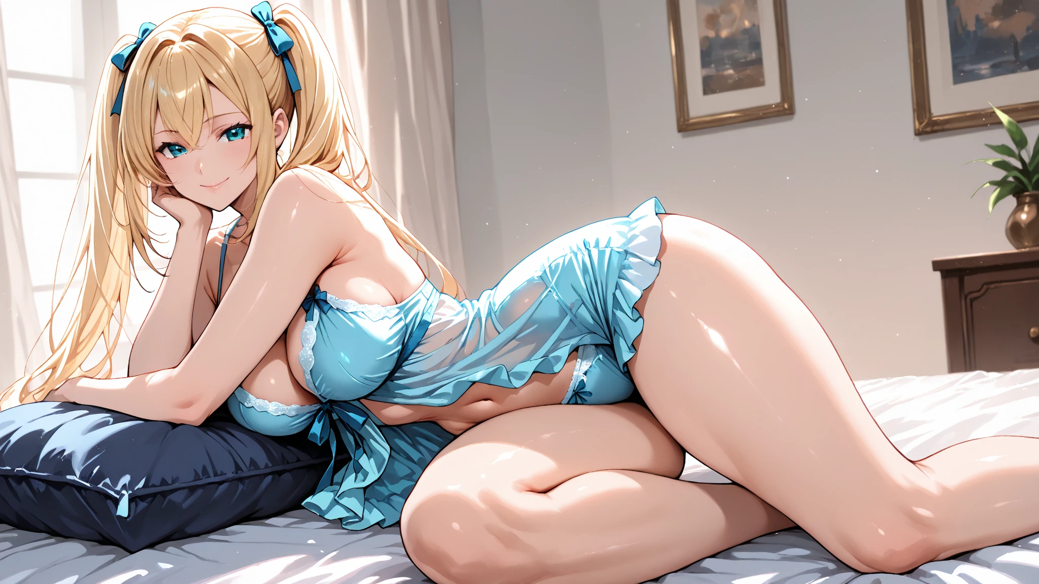 ((Highest quality、High resolution))、Beautiful woman、Perfect body、Beautiful and bountiful breasts、tits、Ass、long blond、bangs、Blue and white、Embellished blue sexy dress、skirt、(((ass pov、Showing panties、I'm tempting you、I'm inviting you to have sex、Love juice)))、Outdoor Scenery、(Sexually excited facial expression)