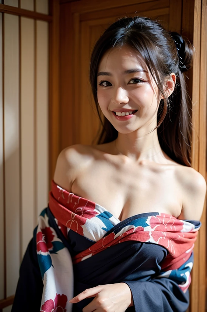 Japanese women、22 years old、(Fireworks are bursting in the background)、Front view、(small乳輪:1.5)、(bangs)、(small), (masterpiece, Highest quality), ((Looking into the camera)),(((I can see your chest))),(Nipples are visible:1.5), whole body、(((Light brown hair))),Correct number of arms、Navy blue yukata with hydrangea pattern、Yellow Belt、Front view、night、(night空)、(night空に花火),(Looking into the camera), Small face、ponytail