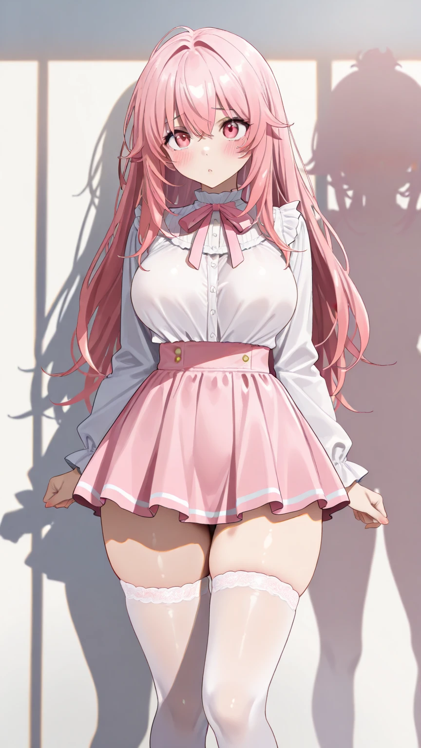  2 girls, twin, Are stand, medium Hair, long hair, ponytail, pink hair, purple eyes, (((cute pink underwear))), (((cute white dress))), ((恥ずかしい)), (cowboy shot), (((showing underwear))), (((((skirt lift by myself))))), ((from front)), ((from below)), (closed your mouth), ((32K)), ((best quality)), ((ultra high res)), ((HDR)), ((uhd)), ((extremely detailed CG)), ((unity 32K wallpaper)), ((perfect anatomy)),
