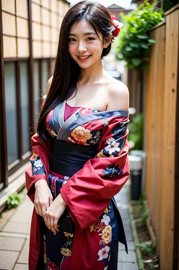 (Surreal), (High resolution), (8K), (Very detailed), (Best illustrations), (Beautifully detailed and sparkling eyes), (Highest quality), (Very detailedな), (masterpiece), (wallpaper), (Detailed face), (Beautiful smile)、(Beautiful expression)、alone、Sexy pose、(((Big Breasts)))、Sculpture model、Sexy looks that seduce men、Looking into the camera、(((Black Hair)))、((Glamorous Body))、(((Kyoto、kimono)))