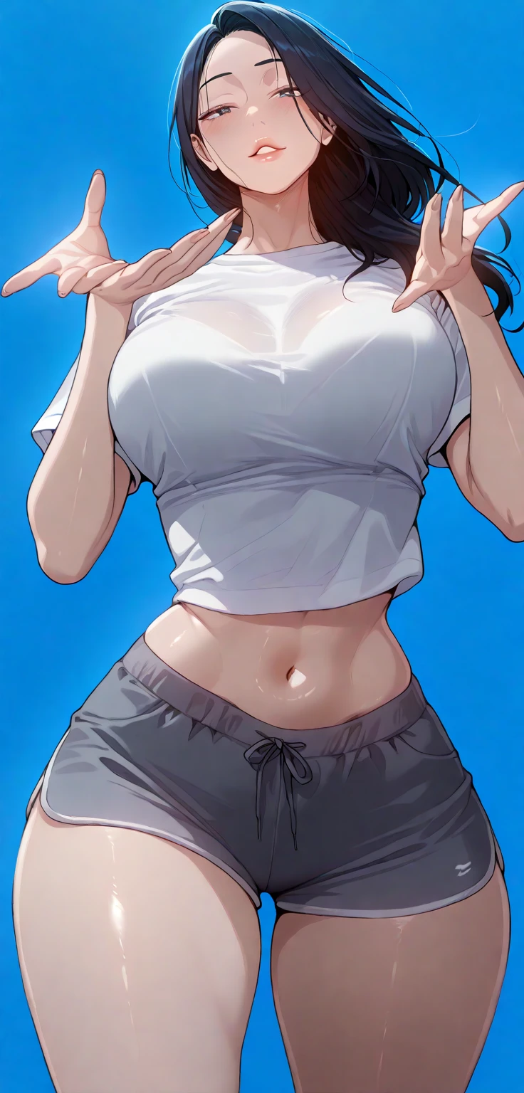 1lady solo, (looking up) from above, /(volleyball uniform/), /(dark brown hair/) bangs, blush light smile, (masterpiece best quality:1.2) delicate illustration ultra-detailed, (((White Background))) , looking at viewer, darker shadows, (((absurdres))), (((underboob))), (((sleeveless))), (((unbuckled))), (((ulzzang))), (((thigh gap))), (((very embarrassed))), (((mascara))), (((hands up surrender))), (((clenched fist))), (((feminine))), (((cinematic lighting))), (((pubic hair)))