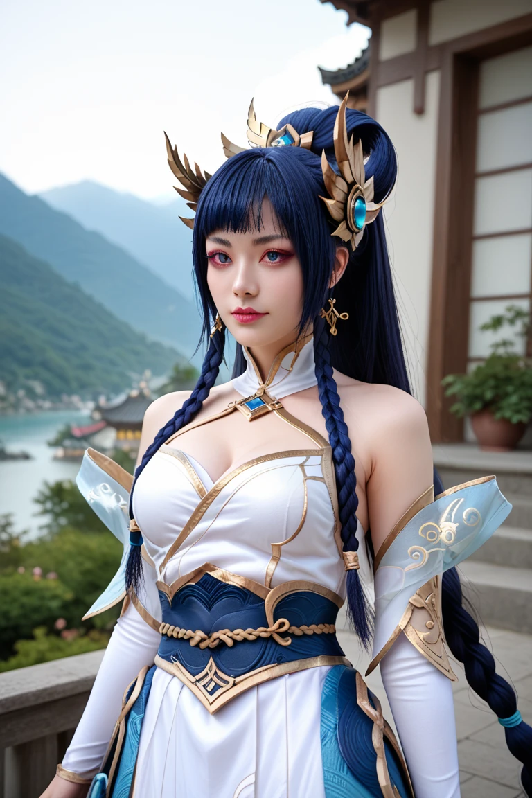 masterpiece, concept art, close up shot, ahri \(league of legends\), (nine taileds fox), kebaya_bali blue, cute, standing, (portrait), Bali temple background, epic composition, epic proportion, HD