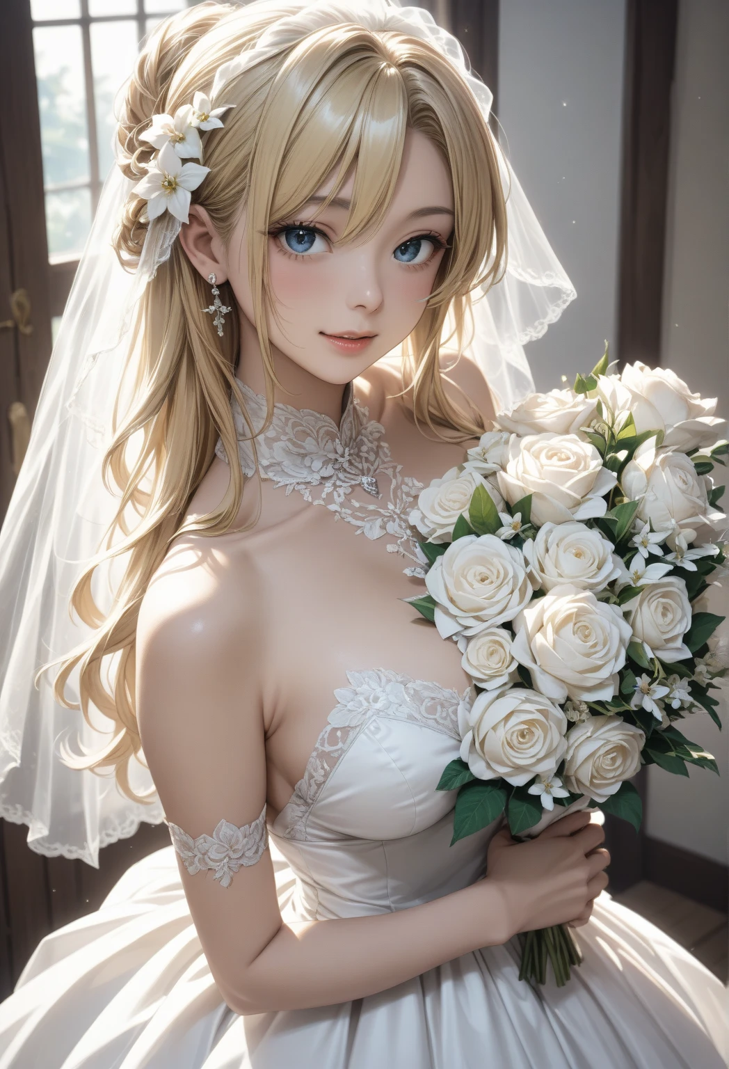 masterpiece,Highest quality,Very detailed,beautiful girl,White gothic lolita wedding dress,Frills,bride,Silver Tiara,bouquet,Blonde,A lot of gems,Soft lighting, teenager,Perfect Face,Beautiful and detailed eyes,Green Eyes,Beautiful Skin,skinny,Small breasts,Dynamic,A magnificent churchyard,Lots of flowers,Flower Shower