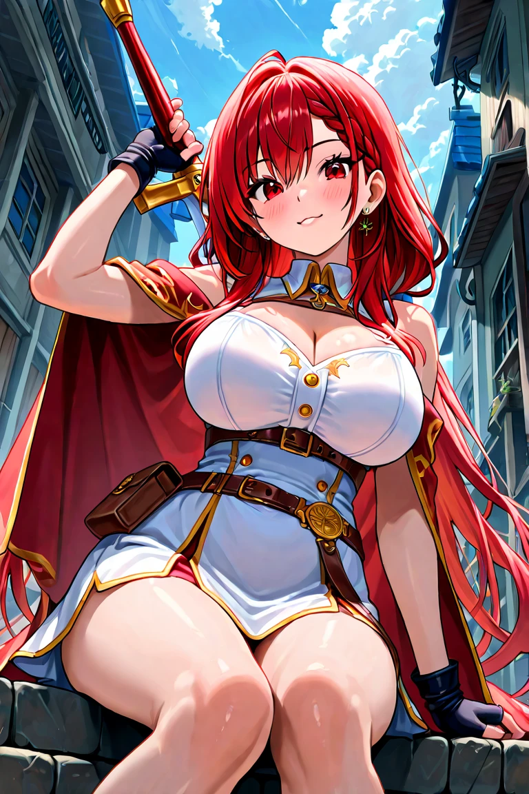 score_9, score_8_up, score_7_up, source_anime, sakimiya iruka, red hair, green eyes, one side up, medium hair, green scrunchie, hair ornament, shiny skin, rating_explicit, large breasts, large ass, armor, thong bikini, cape, navel, thighhighs, smile, open mouth, wet clothes, (steam on body, heavy breathing),