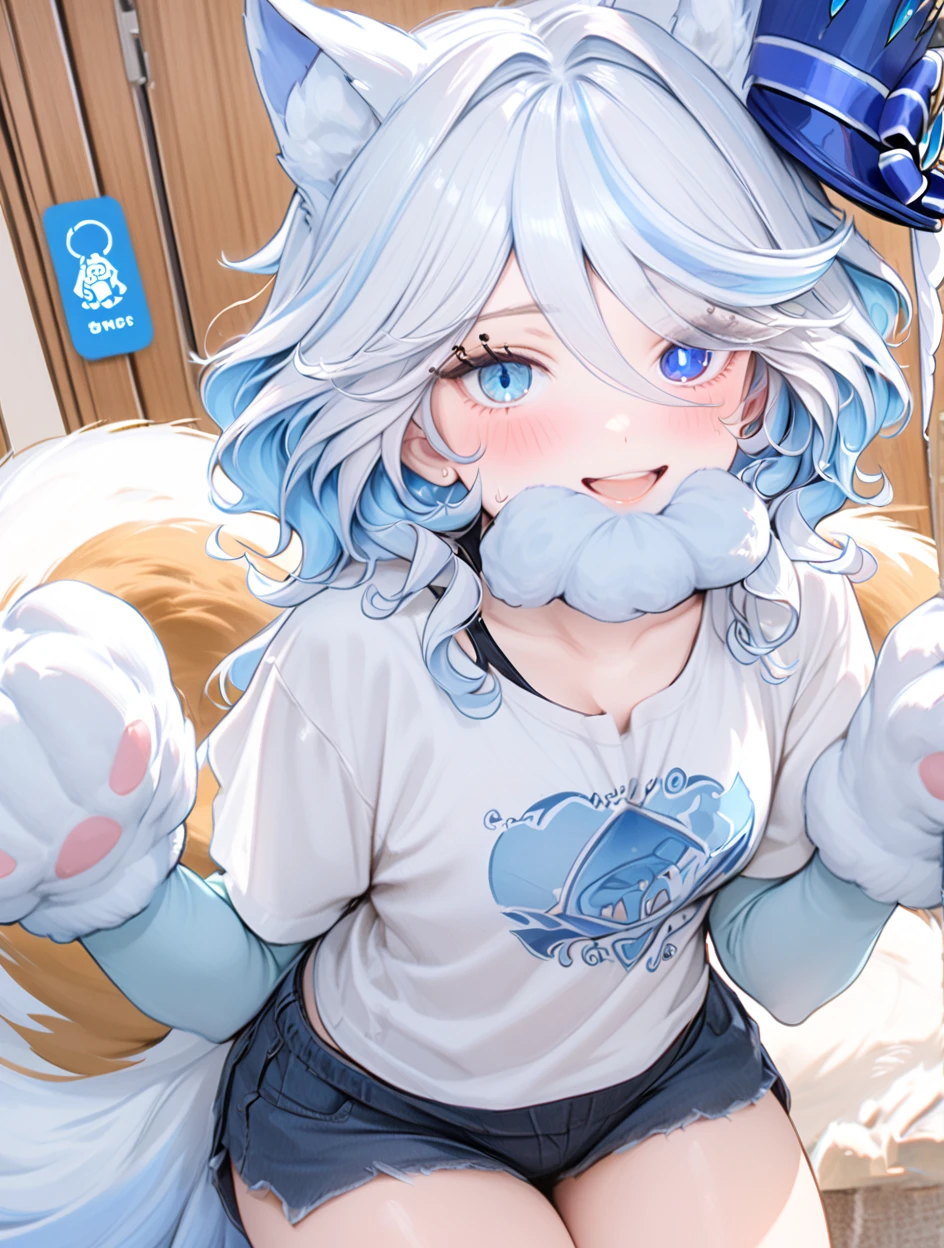lot of flowers，blue color eyes，deer antlers，facing away，back to look back，ssmile，seen from the front，There are blue butterflies around，blue short hair，There are two long braids on both sides of the hair，blue shabby shawl，only，White cat tail，The eyes are bright，fluffy ears，furry tail，hairy bodies，White hair，Blue meat pad，cat ear，Fluffy，male people，lovely boy，schoolboy，hands on the chest，cub，facing away，zackary911，author：majmajor，author：syuro，author：dagasi，author：wolfwithwing，author：hanuvo，author：tabhead，author：zinfyu，author：seraziel，（author：dagasi:1.1）