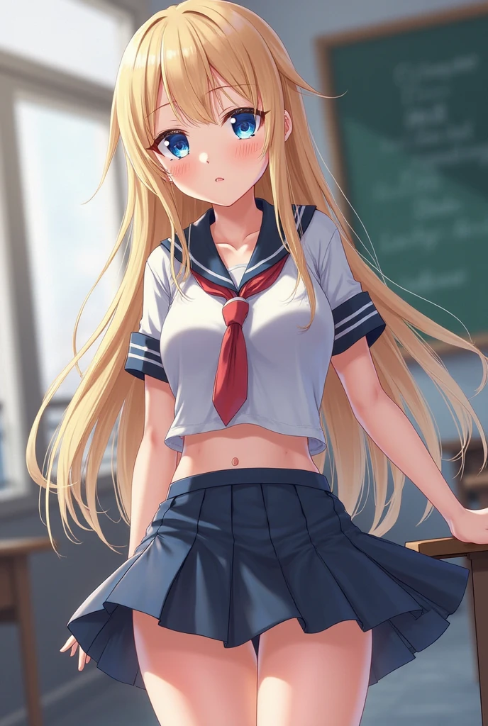 long hair, cleavage, navel, slim legs, blonde hair, skirt, Kitagawa marin, school uniform, class