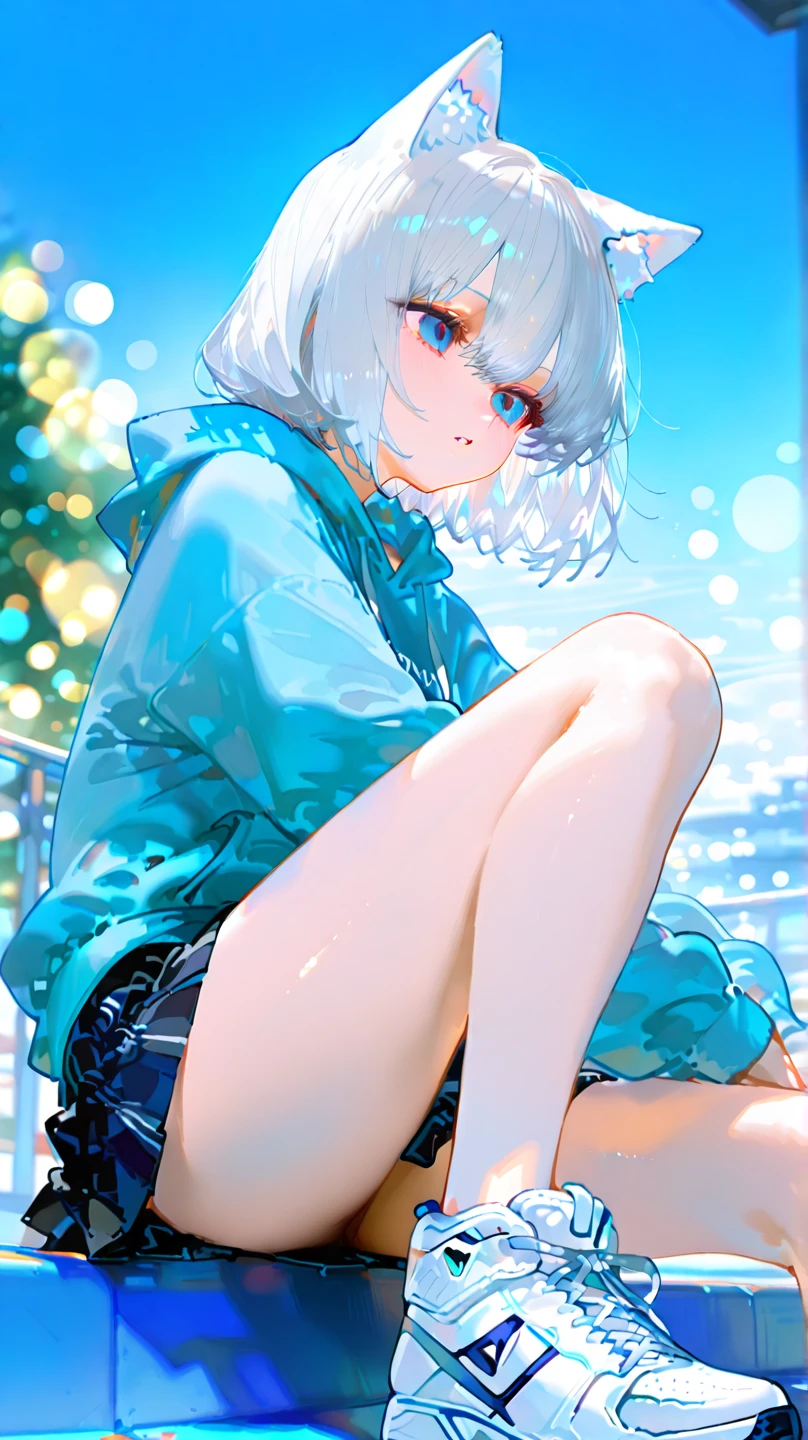 Masterpiece, Best quality, stars, Night, sky, Real, Cityscape, Huge_filesize, the wallpaper, Girl,  yukkuri_shiteitte_The No, Medium hair, Striped hair, Wavy hair, view the viewer, aqua eyes, grin, Sparkling eyes,  shirt, Sweater jacket, Bare_bshoulders, Miniskirt, Sukusui, white thighhighs, Earrings, fingerless_mitts, half gloves , Spread legs, Legs_Up, Sam_polypubic hair, Skirt lift,