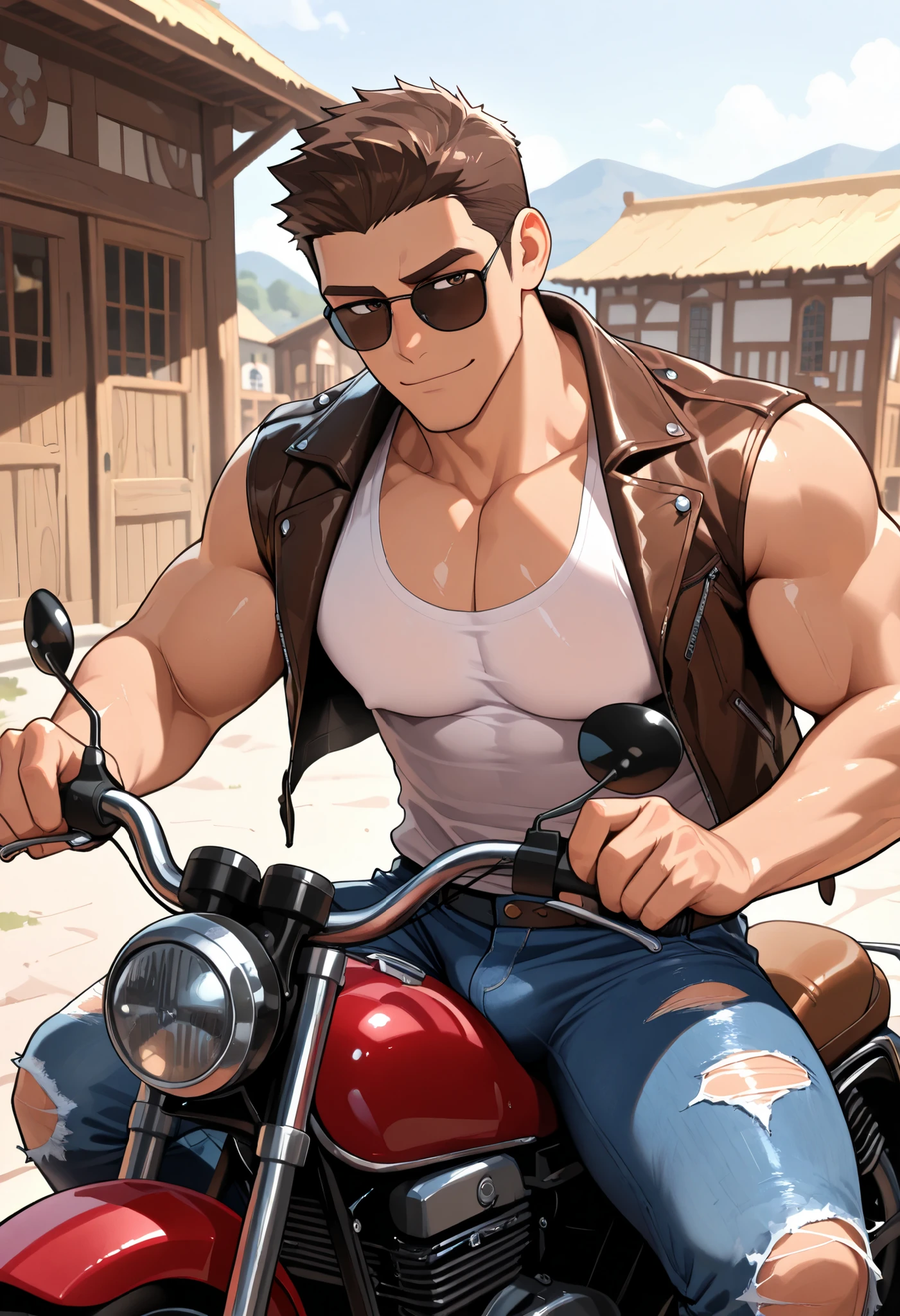 (((Only male))), solo, gay, handsome, muscular, big pecs, asian skin, brown hair, Blusher, brown eyes, short hair, seductive look, ride on a motocycle, in the western village, sunglasses, leather jacket, white sleeveless shirts, torn jeans, masterpiece, outdoor, daytime, VERY DETAILED, Exquisite details, detailed background