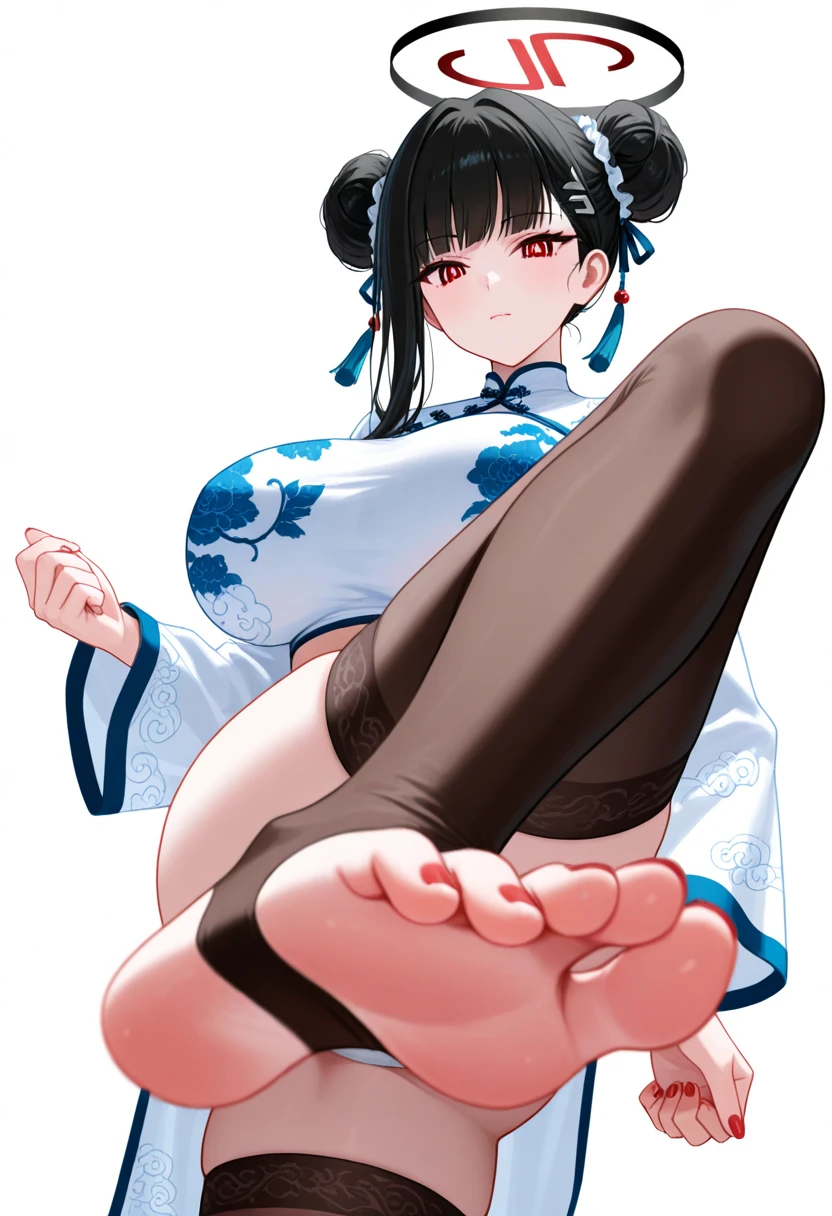 Maruko head, large area of torn pink cheongsam, red hairpins, blue eyes, blush, red earrings, white panties, wearing a variety of colorful flowers on the head, vitality, white high heels, white over-the-knee socks, rose tattoos looming